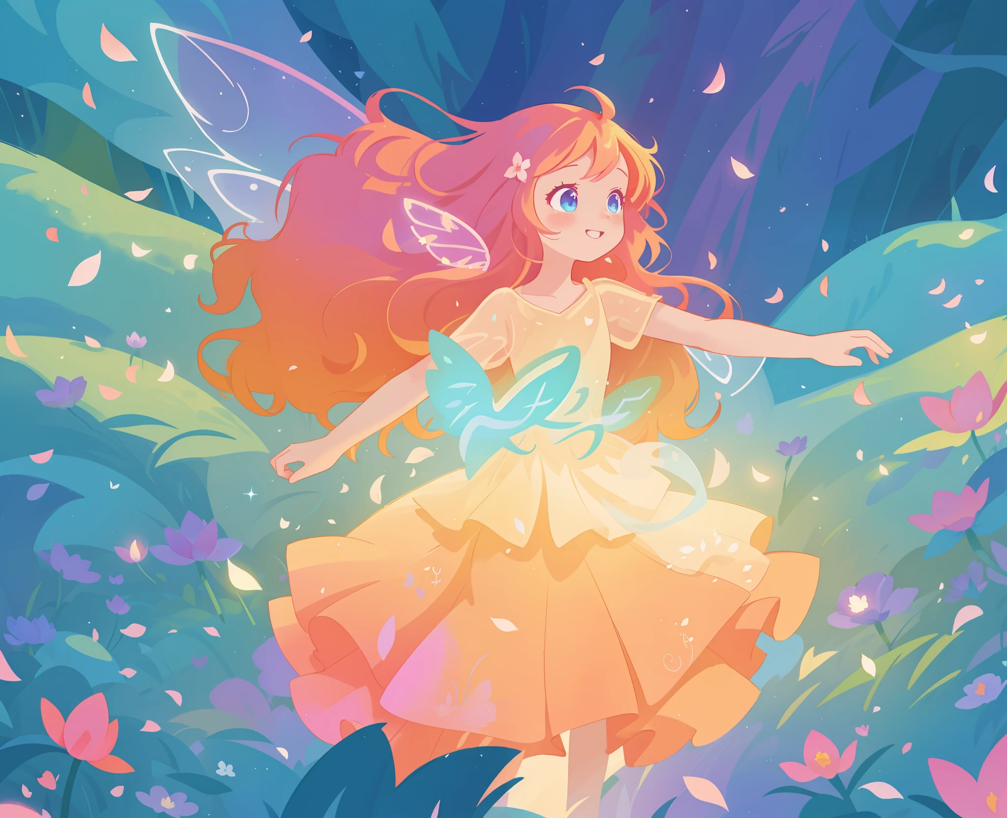 beautiful girl in tiered gradient ballgown dress, gradient warm color ballgown, ((layered flower petal skirt)), fairy dress, fairy queen, magical forest background, (glowing fairy wings), glowing flowing ballgown, long wavy hair, sparkling fairy wings, watercolor illustration, flowers and colorful plants, inspired by Glen Keane, inspired by Lois van Baarle, disney art style, by Lois van Baarle, glowing aura around her, by Glen Keane, jen bartel, glowing lights! digital painting, flowing glowing hair, glowing flowing hair, beautiful digital illustration, fantasia otherworldly landscape plants flowers, beautiful, masterpiece, best quality, anime disney style