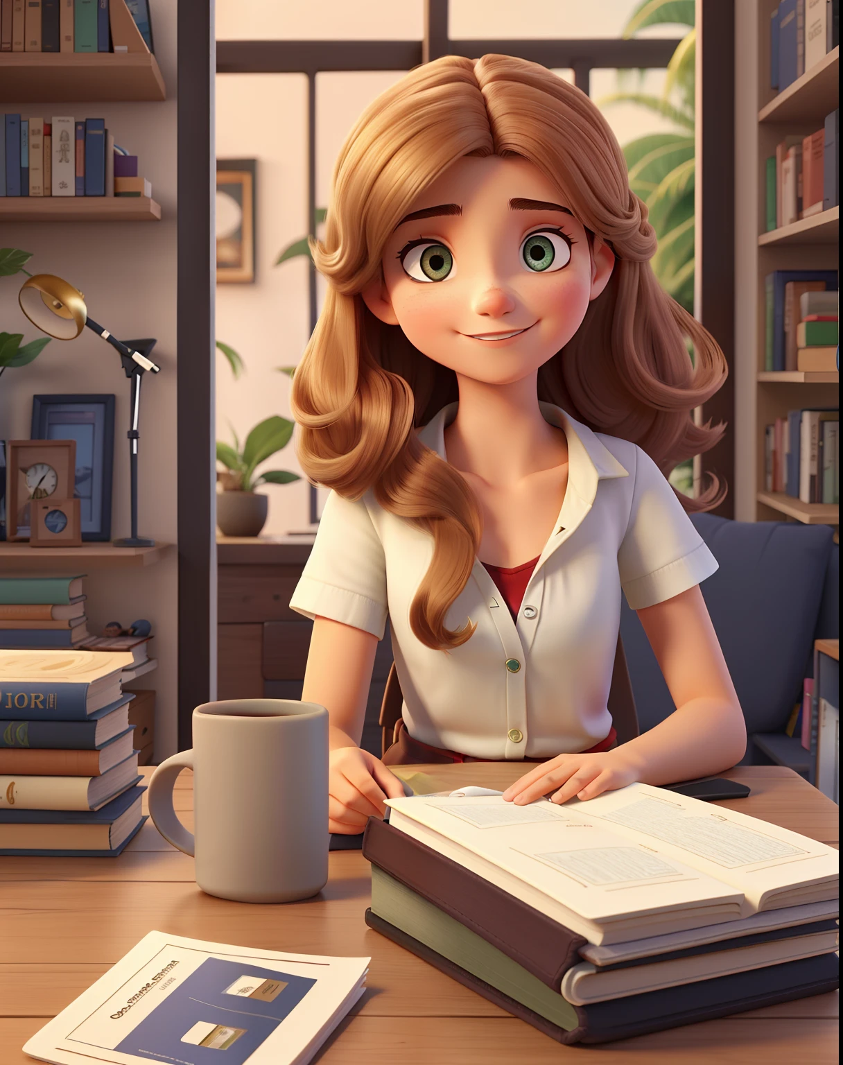 Uma bela jovem de cabelo longo cacheado, sentada lendo um livro na varanda