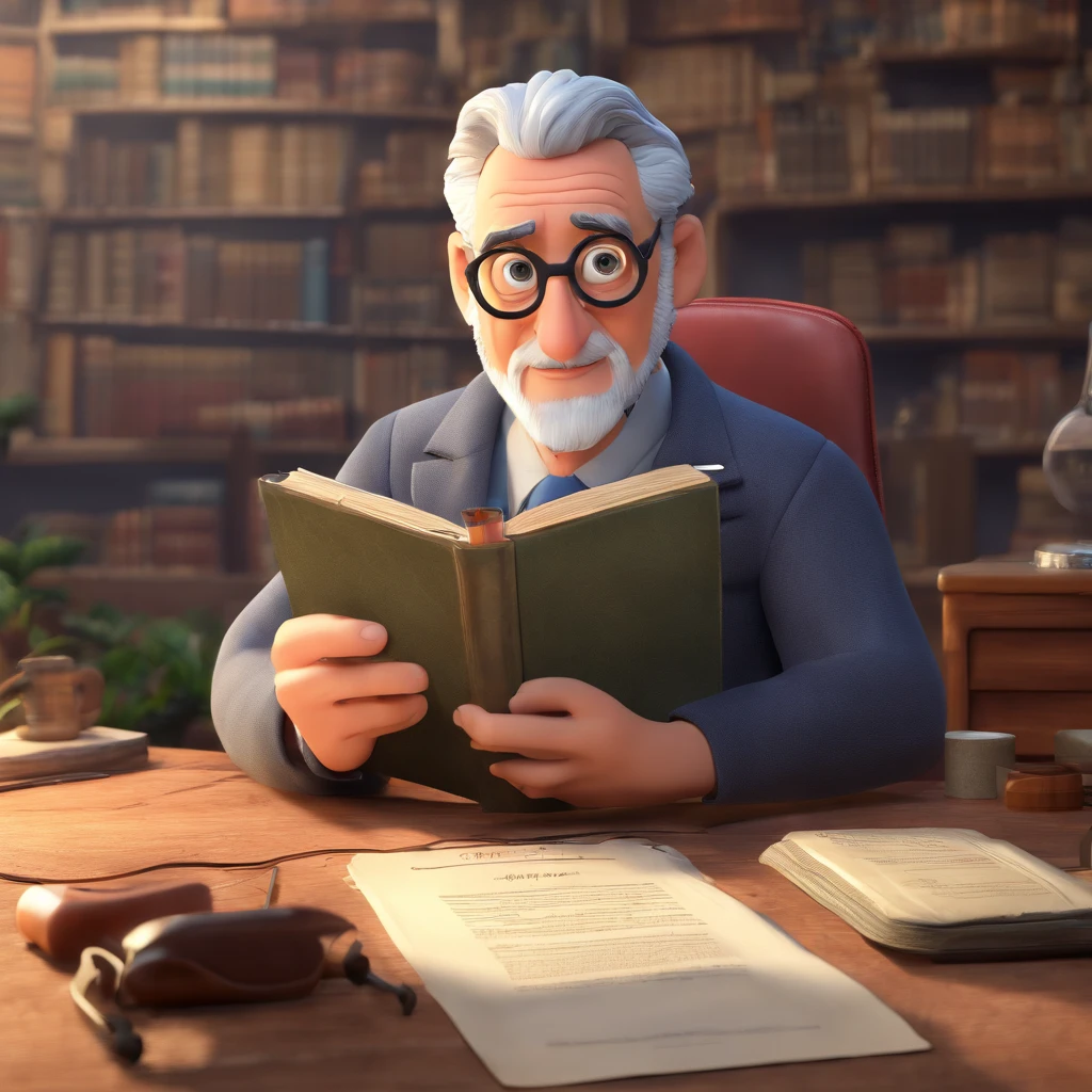 Crie um cartaz inspirado na Disney Pixar com o personagem sendo o pastor Rubens Janier, A gray-haired man wearing glasses, in an office with a Bible on the table