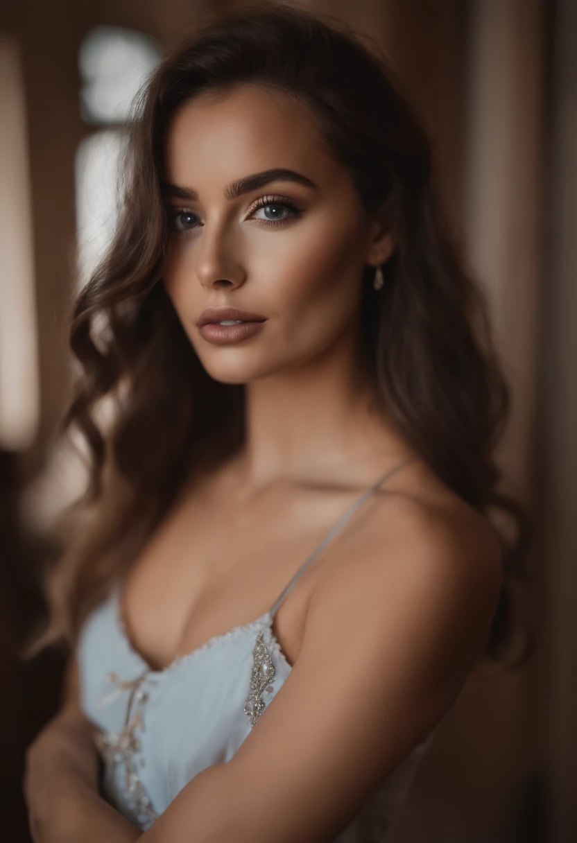 arafed woman with a white bra and a necklace, sexy girl with green eyes, portrait sophie mudd, brown hair and large eyes, selfie of a young woman, bedroom eyes, violet myers, without makeup, natural makeup, looking directly at the camera, face with artgram, subtle makeup, stunning full body shot, piercing green eyes, beautiful angle, attractive pose, cute girl, sexy pose, full body picture, full body, full body shoot, wearing grey skirt and boots