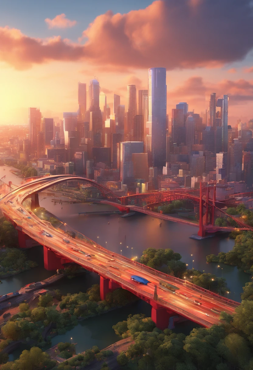 Criar uma cidade com duas pontes uma delas nova cinza, e a outra ponte cantilever vermelha escura, com uma cidade no alto, estilo 3D, Pixar, Disney