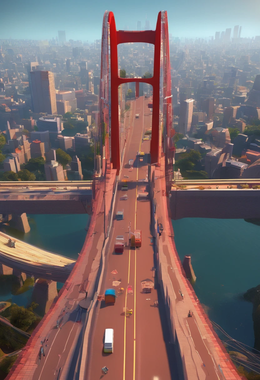 Criar uma cidade com duas pontes uma delas nova cinza, e a outra ponte cantilever vermelha escura, com uma cidade no alto, estilo 3D, Pixar, Disney