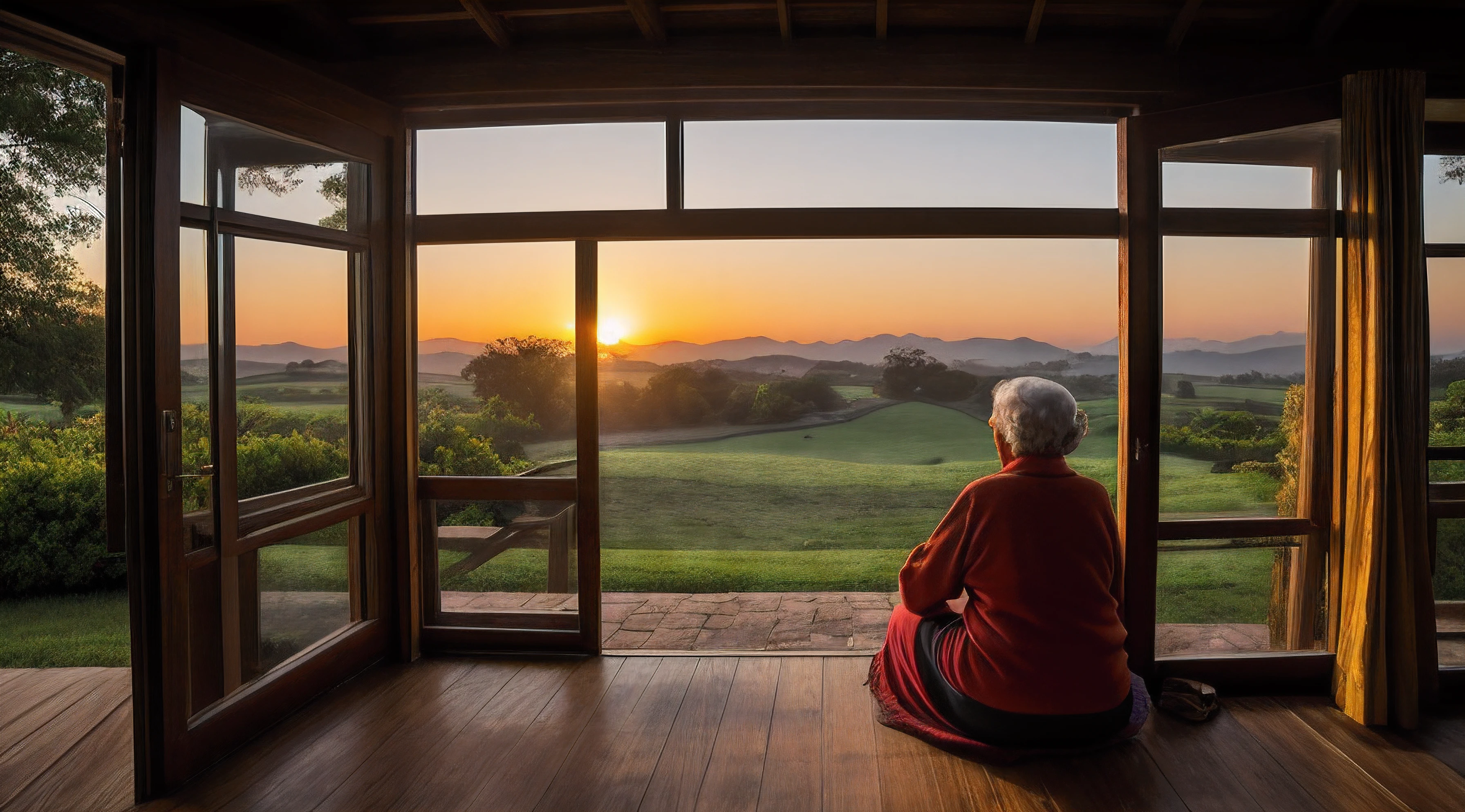 "(((Abuela colombiana alegre mirando al sol en el amanecer junto a una humilde casa muy antigua))) - A captivating photorealistic photograph capturing the joy and serenity of a cheerful Colombian grandmother at sunrise, looking at the sun by a very old and humble house. The image should be in high resolution (8K) to showcase every detail of the grandmother's happy expression and her entire body as she gazes at the rising sun. Use a 70mm lens to focus on the grandmother and the surroundings, incorporating the vibrant colors of yellow, blue, and red.
The lighting should enhance the warm glow of the sunrise, creating a serene and peaceful atmosphere around the old house. The camera shot should be a full-body shot, allowing the viewer to connect with the grandmother's happiness and her moment of admiration for the sun.
Take inspiration from portrait photographers known for their ability to capture genuine emotions and the beauty of historic settings. The goal is to create a visually captivating photograph that celebrates the joy and serenity of a cheerful Colombian grandmother at sunrise, surrounded by the humble beauty of a very old house, while she looks with awe at the rising sun."