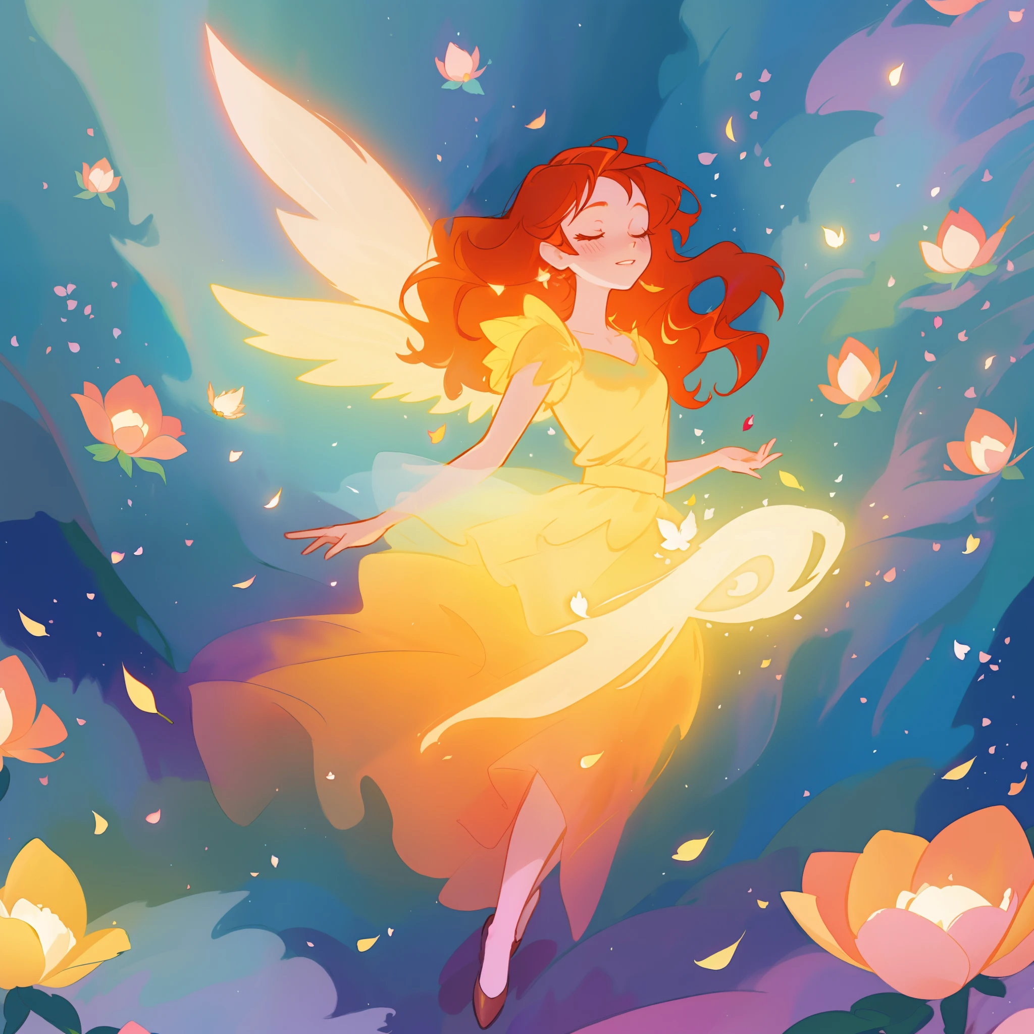 beautiful girl in golden puffy flowing dress, ((layered flower petal skirt)), fairy dress, fairy queen, colorful magical forest background, (glowing fairy wings), glowing flowing ballgown, long wavy red hair, sparkling fairy wings, watercolor illustration, flowers and colorful plants, inspired by Glen Keane, inspired by Lois van Baarle, disney art style, by Lois van Baarle, glowing aura around her, by Glen Keane, jen bartel, glowing lights! digital painting, flowing glowing hair, glowing flowing hair, beautiful digital illustration, fantasia otherworldly landscape plants flowers, beautiful, masterpiece, best quality, anime disney style