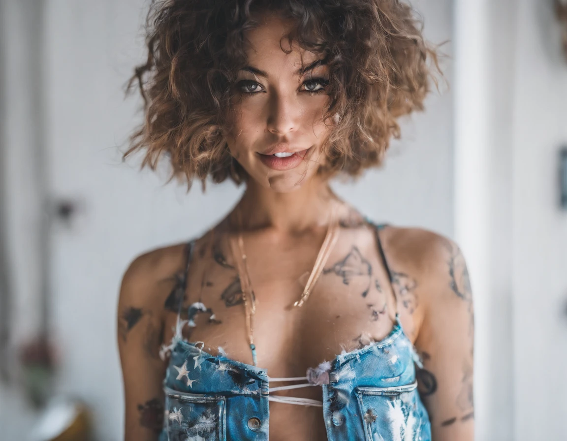 Uma obra-prima impressionante, DSLR Raw Photo of an Amazing Beautiful Young Woman, Rosto detalhado, Amazing detailed eyes, pequeno, Splendid, com cabelo curto estilo bob e pele branca, usando shorts jeans cortados que mostram um pouco de suas pernas bem toniFicadas, She also wears a sleeveless cropped shirt that shows off her tattoos and toned abs., She's stunningly beautiful, deslumbrante e charmosamente atraente, Dancing at a Festival on the outskirts of the city at night with neon lasers, dramatic lights, amigos, Jovens, Feliz, capturando todas as texturas, Close-up full body shot with a camera: Canon EOS 5D Mark IV com 24-70mm F/2.Lente lenta de 8L, ISO 3200 Certification, F/2.8, Velocidade do obturador 1/125.