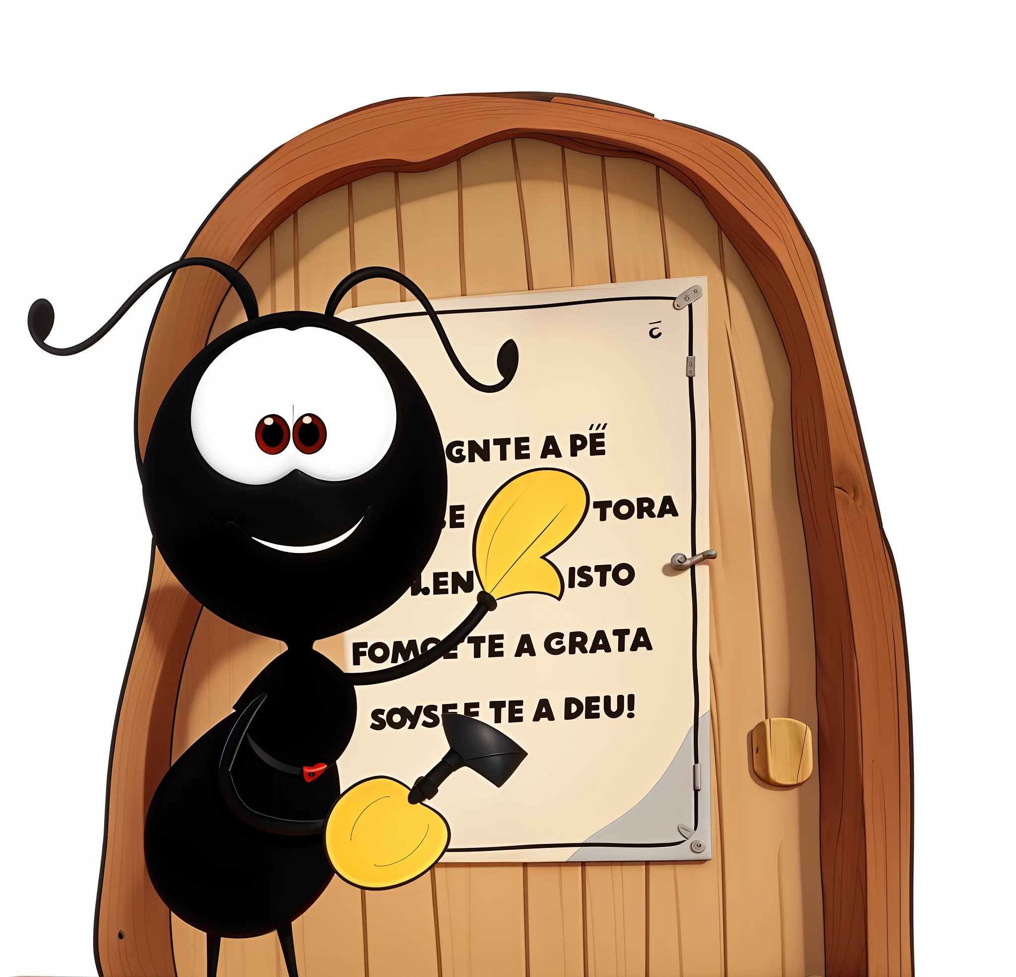 um poster estilo Disney/Pixar de uma formiga sorrindo colocando um cartas na porta de um formigueiro, melhor qualidade, alta qualidade