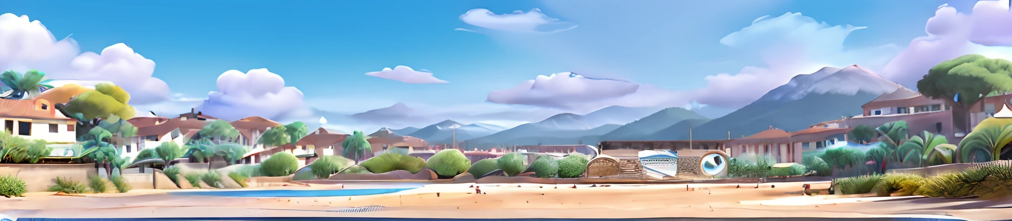 There's a cartoon image of a city with a bunch of flowers Pixar style, Fundo do centro da cidade, Fundo da cidade, school background, cidade em segundo plano, fundo breezy, Fundo distante da aldeia, Panorama do filme Pixar, volley court background, fundo do filme anime, random background scene, epic background, Colinas ao fundo, train station background, fundo colorido do filme anime, estabelecendo tiro, Paisagem do anime