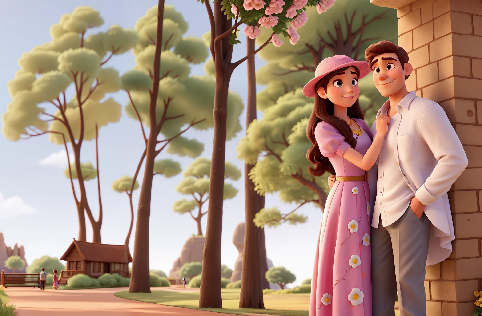 A Disney Pixar movie poster depicting a special and intimate moment between a couple of young people in love. About the price, um homem de cabelos claros, olhos castanhos, barba, White dress shirt and beige pants and a woman, de cabelos claros, olhos castanhos, pele clara, Pink dress and wearing a hat. The man is positioned next to the woman, ambos sorrindo e olhando para cima. Woman is wearing an adorable hat. The landscape around you is a natural setting, Full of trees and flowers, that frame the couple and give a romantic touch to the scene. A cena se desenrola em um caminho de pedra, And the couple is on the right of that path, com o homem voltado para a direita e a mulher para a esquerda. The image should capture all the magic and excitement of this unique moment in the couple's life, tudo isso no estilo Disney Pixar.