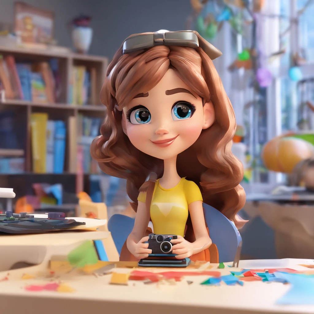 Crie um cartaz inspirado na Disney Pixar com a personagem bonita, meio gordinha, Medium white and straight and brunette hair, olhos castanhos . she is wearing a black dress. She has a pet shih tzu and is in her graphic design studio with her computer and printers. In the background is a tripod with a camera, prateleiras com papeis coloridos