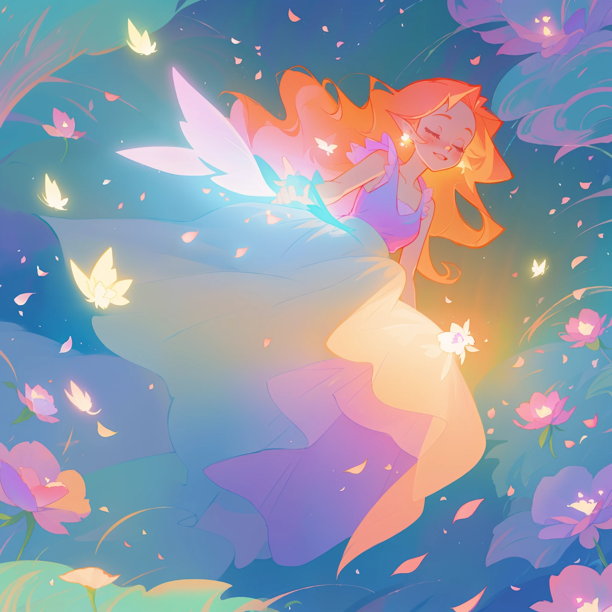 beautiful girl in tiered gradient ballgown dress, gradient colorful dress, ((layered flower petal skirt)), fairy dress, fairy queen, magical forest background, (glowing fairy wings), glowing flowing ballgown, long wavy hair, sparkling fairy wings, watercolor illustration, flowers and colorful plants, inspired by Glen Keane, inspired by Lois van Baarle, disney art style, by Lois van Baarle, glowing aura around her, by Glen Keane, jen bartel, glowing lights! digital painting, flowing glowing hair, glowing flowing hair, beautiful digital illustration, fantasia otherworldly landscape plants flowers, beautiful, masterpiece, best quality, anime disney style