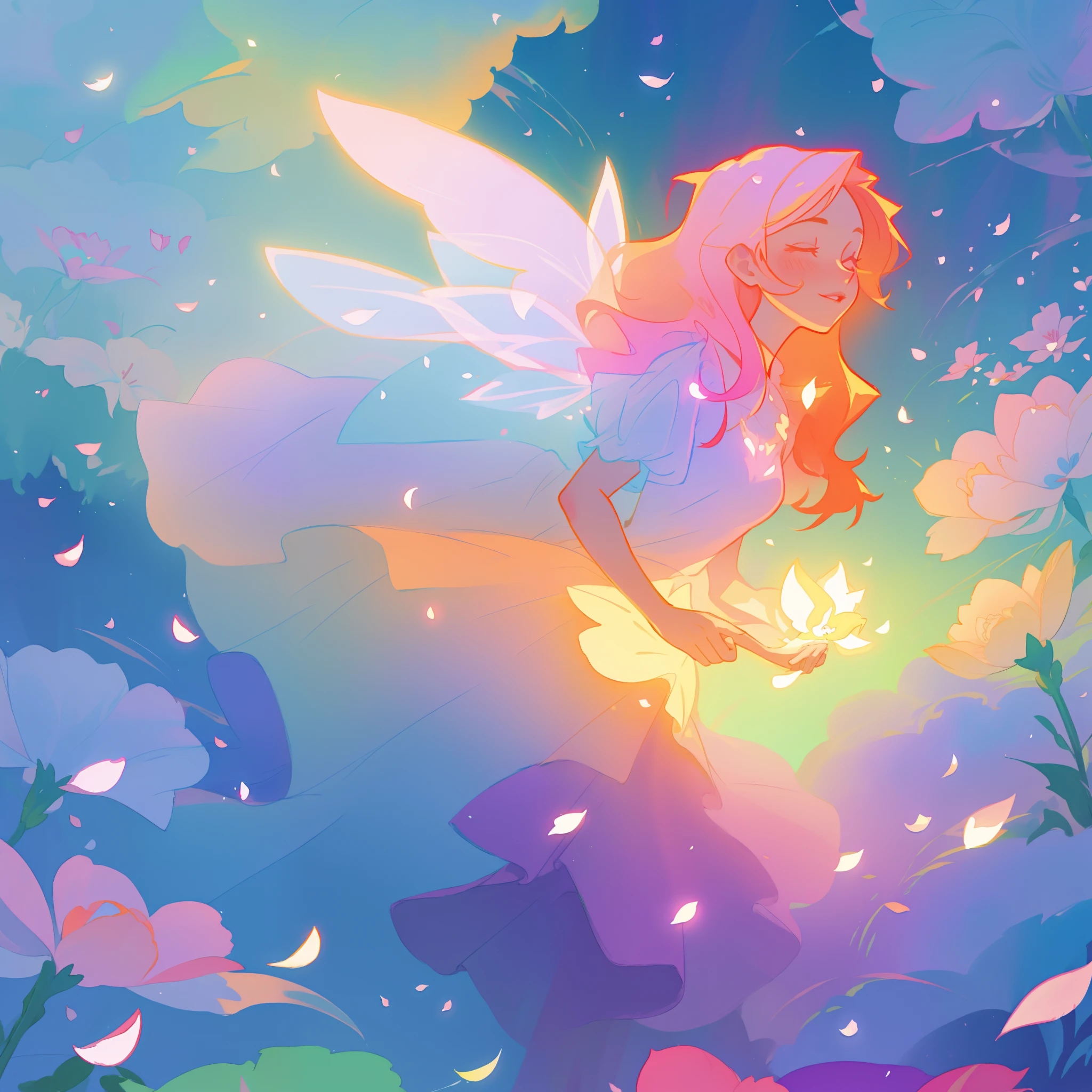 beautiful girl in tiered gradient ballgown dress, gradient colorful dress, ((layered flower petal skirt)), fairy dress, fairy queen, magical forest background, (glowing fairy wings), glowing flowing ballgown, long wavy hair, sparkling fairy wings, watercolor illustration, flowers and colorful plants, inspired by Glen Keane, inspired by Lois van Baarle, disney art style, by Lois van Baarle, glowing aura around her, by Glen Keane, jen bartel, glowing lights! digital painting, flowing glowing hair, glowing flowing hair, beautiful digital illustration, fantasia otherworldly landscape plants flowers, beautiful, masterpiece, best quality, anime disney style