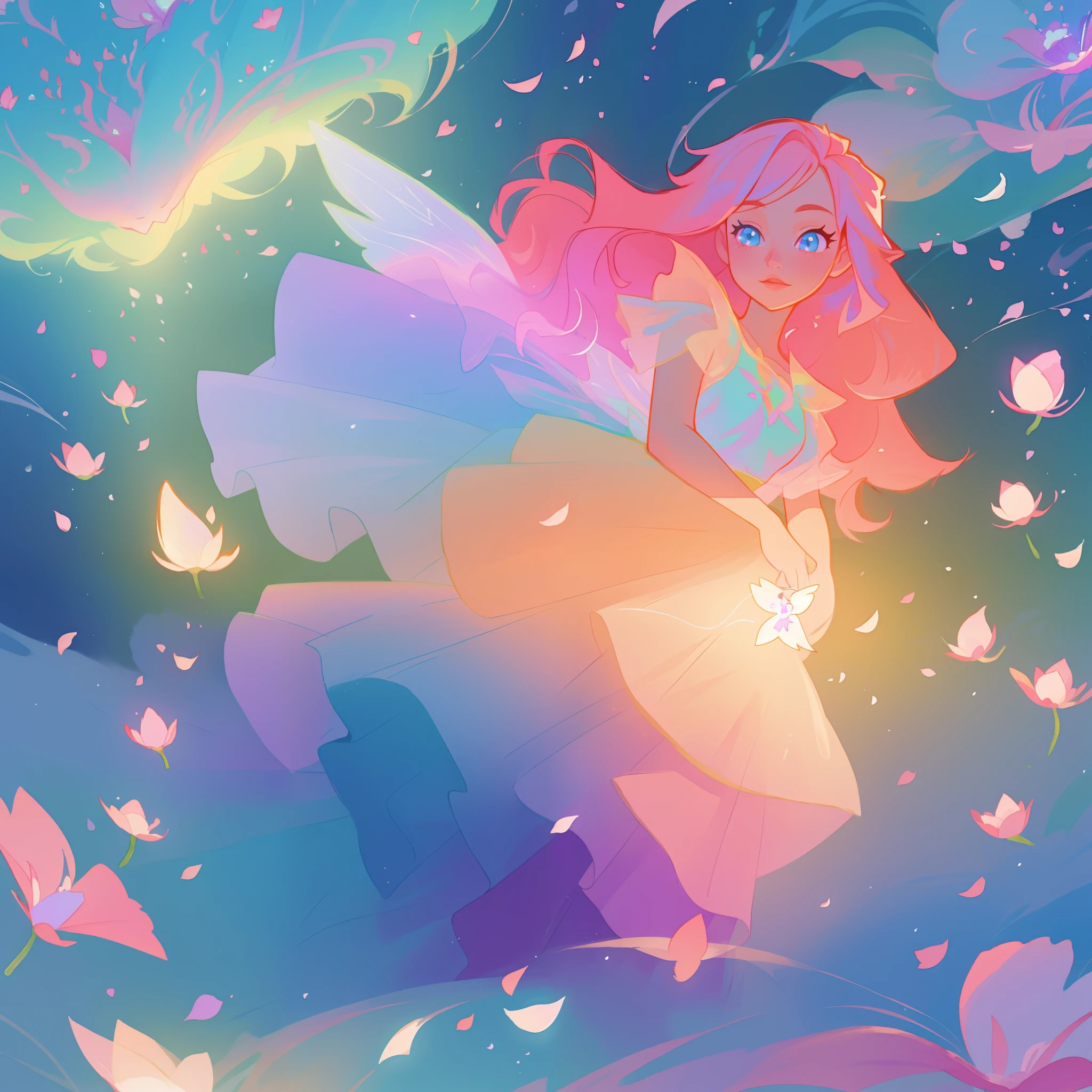beautiful girl in tiered gradient ballgown dress, gradient colorful dress, ((layered flower petal skirt)), fairy dress, fairy queen, magical forest background, (glowing fairy wings), glowing flowing ballgown, long wavy hair, sparkling fairy wings, watercolor illustration, flowers and colorful plants, inspired by Glen Keane, inspired by Lois van Baarle, disney art style, by Lois van Baarle, glowing aura around her, by Glen Keane, jen bartel, glowing lights! digital painting, flowing glowing hair, glowing flowing hair, beautiful digital illustration, fantasia otherworldly landscape plants flowers, beautiful, masterpiece, best quality, anime disney style
