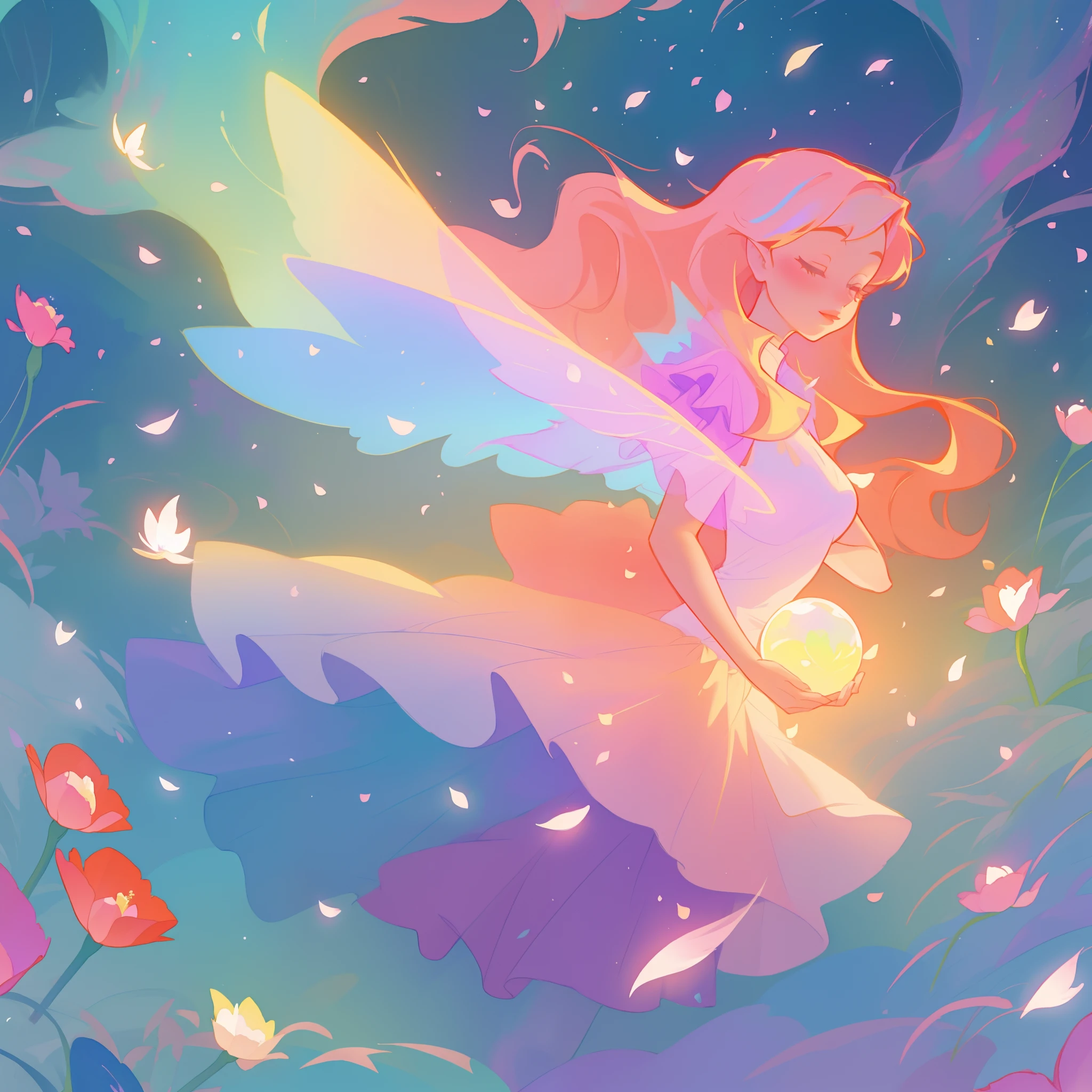 beautiful girl in tiered gradient ballgown dress, gradient colorful dress, ((layered flower petal skirt)), fairy dress, fairy queen, magical forest background, (glowing fairy wings), glowing flowing ballgown, long wavy hair, sparkling fairy wings, watercolor illustration, flowers and colorful plants, inspired by Glen Keane, inspired by Lois van Baarle, disney art style, by Lois van Baarle, glowing aura around her, by Glen Keane, jen bartel, glowing lights! digital painting, flowing glowing hair, glowing flowing hair, beautiful digital illustration, fantasia otherworldly landscape plants flowers, beautiful, masterpiece, best quality, anime disney style
