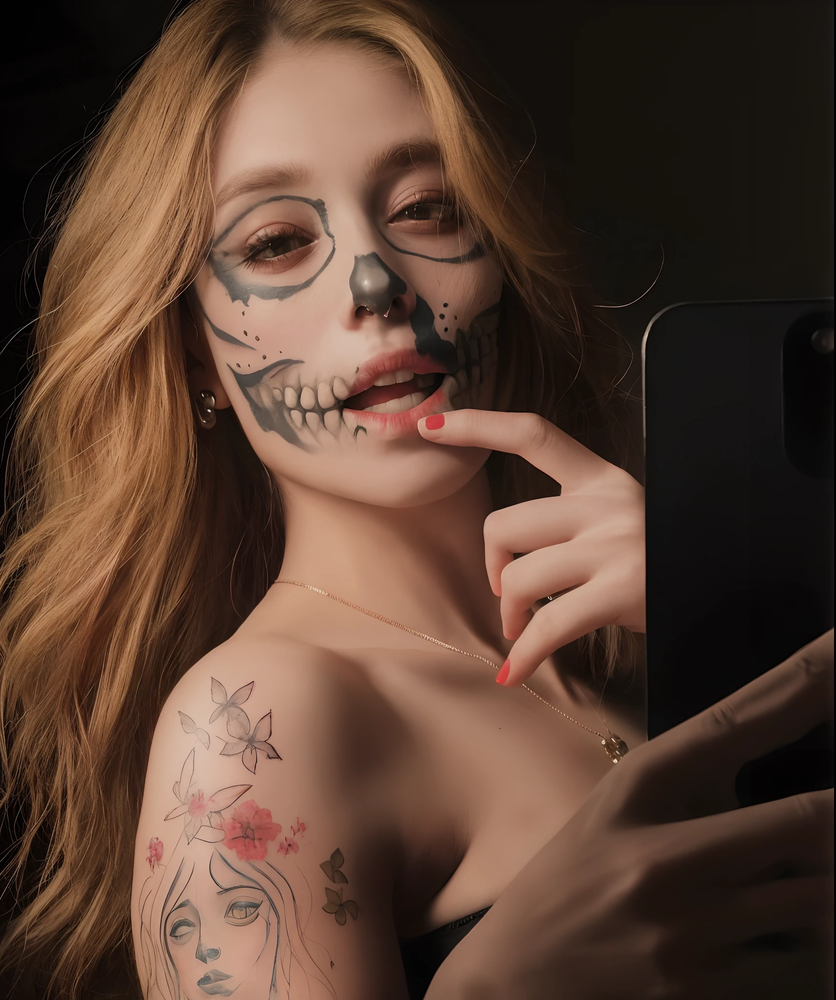 mulher com pintura facial e maquiagem segurando um celular, olhar assustador, inspirado em Hedi Xandt, rosto tatuado, do esqueleto, skull face paint, metade mulher metade esqueleto, com tatuagem facial, tatuagem no rosto, selfie de uma jovem mulher, tiro na parte superior do corpo, face with skull mask, tatuagens faciais, rosto completo e retrato do corpo, foto de retrato