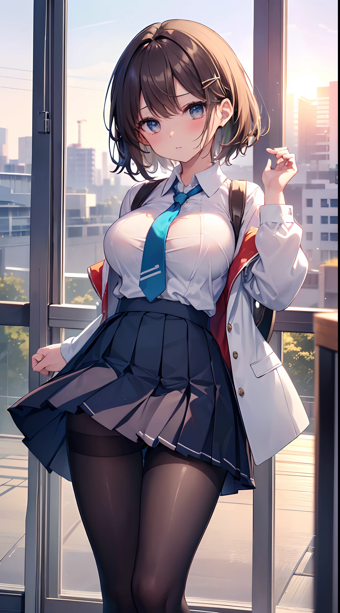 in 8K, top-quality, Real Image, intricate detailes, The ultra-detailliert, 超A high resolution, Depth Field,(Photorealsitic,realisitic:1.2),masterpiece, 0.25 :: a closeup , straight-on shot , from miiddle , 1girl in, AI_chan, an extremely beautiful -yeld gi Innocent big eyes, (brown_Short_hair), (Green_Eyes:1.0),(bangss),dishevled hair,(hair clips), perfect glossy skin, flawless skin, fair white skin, huge-breasted, cleavage of the breast, narrow waists, thin blush, 独奏, looking at the viewers, lightsmile, The Perfect Five Fingers, chubby under the clothes、perspiring、 Wear((School_uniform)、(white_Skirt)、(Blue_long_tie)、(Blue_pleats_Skirt)、(Black_pantyhose:1.2)、 (Gravure Pose:1.1)、 Sunset High School in Japan ,Flipping up the skirt with your hands、Show white panties、Pull up your skirt and show your panties、Colossal tits、Functional、Panties under pantyhose、garter strap、 hot、steams、Flip the skirt、Skirt flipping、Roll up the scar by hand、Show underwear、Show off your pants with your own hands、Panchira、bare-legged、Opening legs、Open legs、bare-legged、Large open legs、Panties digging into the crotch、