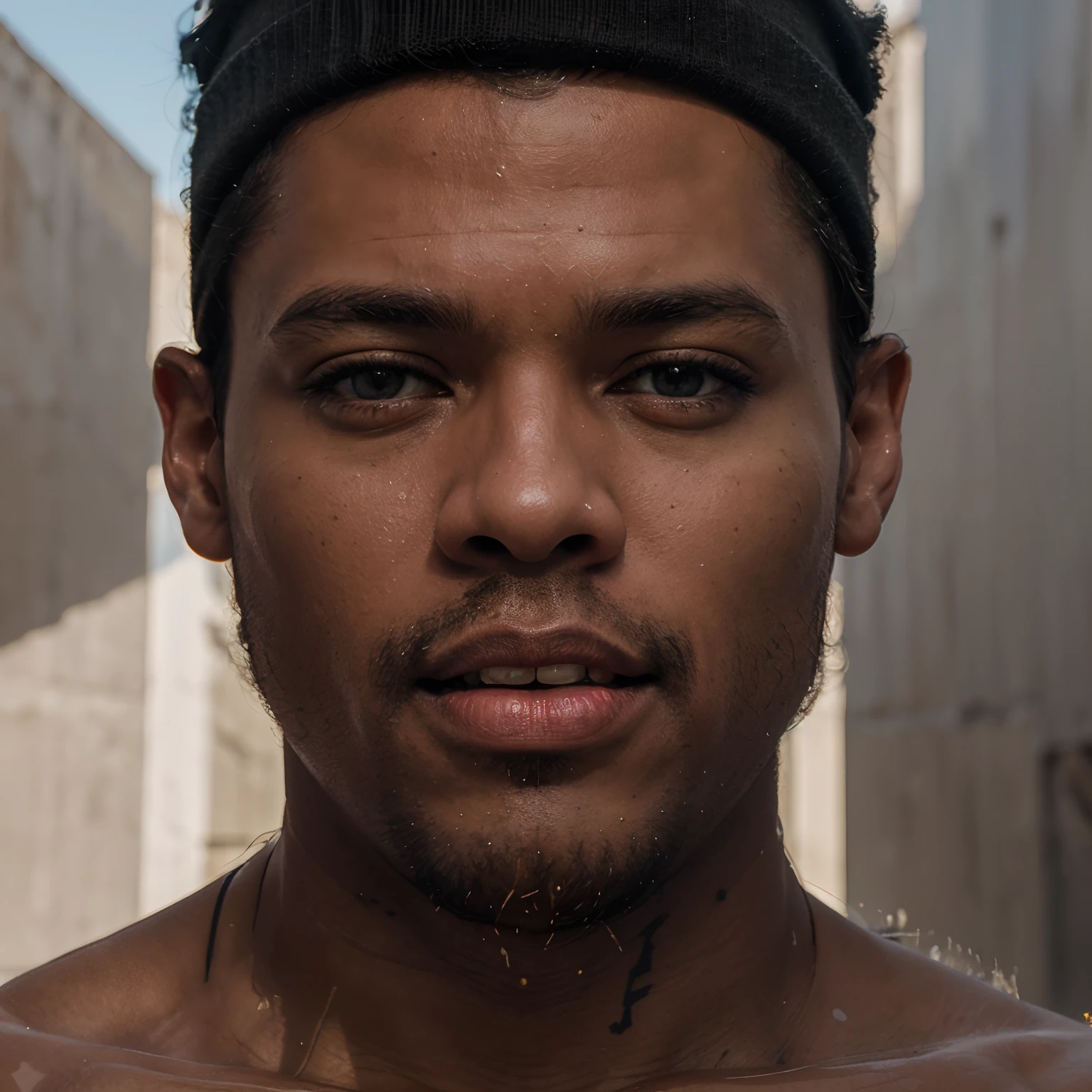 (best quality,4k,8k,highres,masterpiece:1.2), ultra-detailed, (realistic,photorealistic,photo-realistic:1.37), black man, red beanie, one leg only, sitting on a trunk, shirtless, only shorts, inspired by the realistic saci perere, detailed face expression, strong muscular physique, dynamic pose, vibrant colors, natural lighting