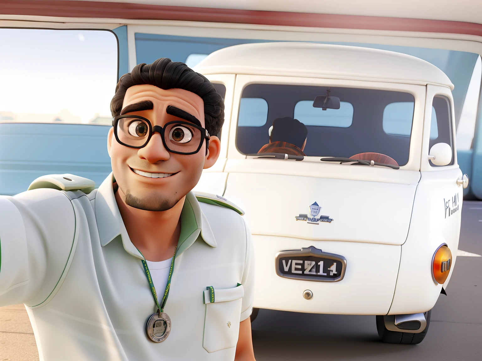 Carros antigos ao fundo da imagem, Man with checkered glasses