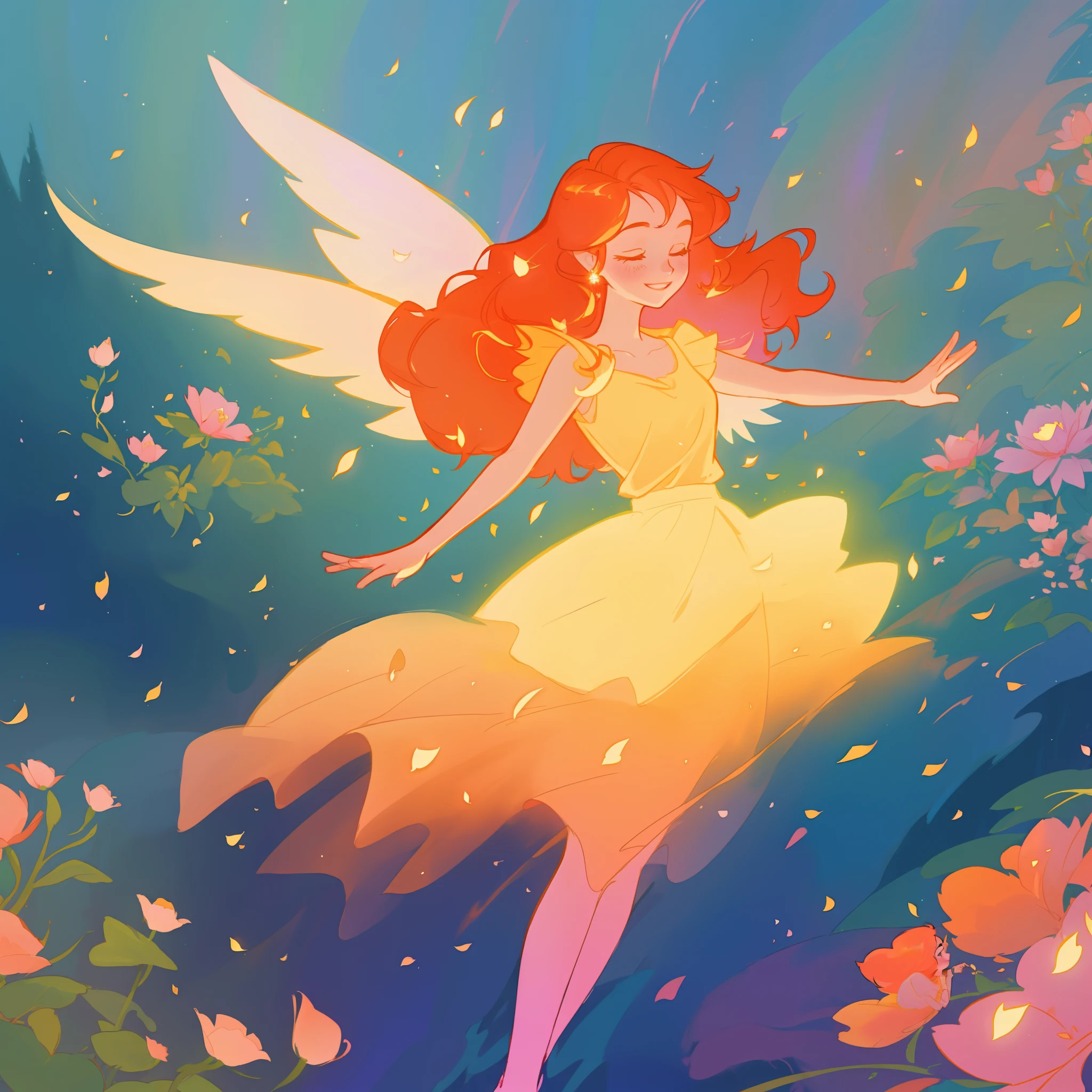 beautiful girl in golden puffy flowing dress, ((layered flower petal skirt)), fairy dress, fairy queen, colorful magical forest background, (glowing fairy wings), glowing flowing ballgown, long wavy red hair, sparkling fairy wings, watercolor illustration, flowers and colorful plants, inspired by Glen Keane, inspired by Lois van Baarle, disney art style, by Lois van Baarle, glowing aura around her, by Glen Keane, jen bartel, glowing lights! digital painting, flowing glowing hair, glowing flowing hair, beautiful digital illustration, fantasia otherworldly landscape plants flowers, beautiful, masterpiece, best quality, anime disney style