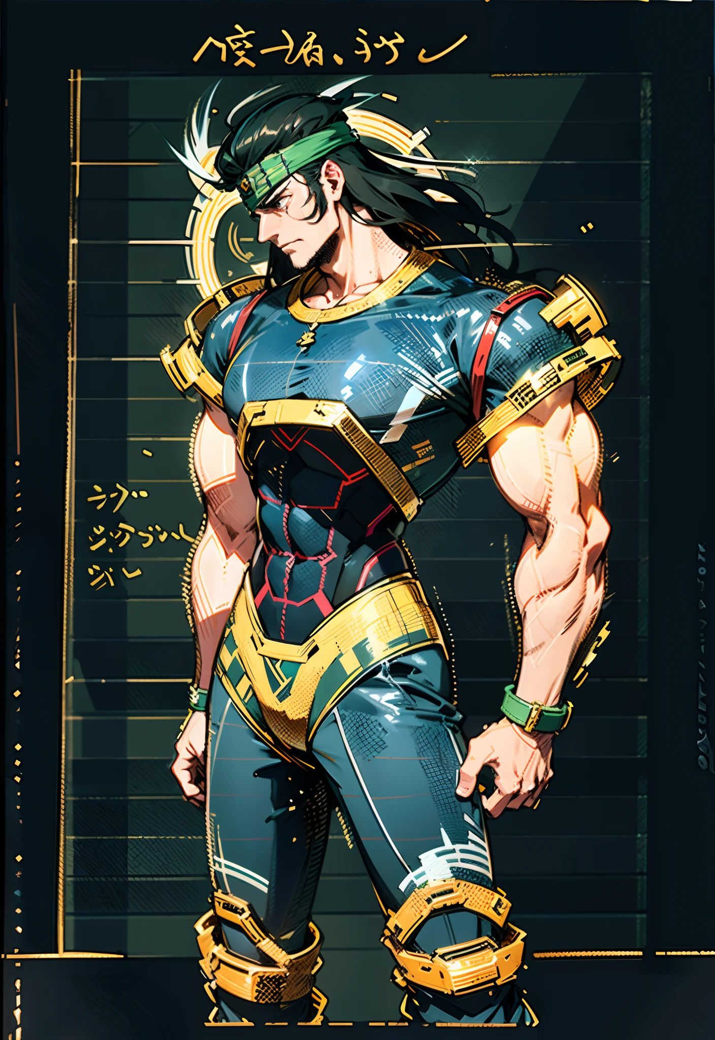 A middle-aged man, dark green long hair, wildly disheveled and exaggerated hairstyle, a headband, no eyebrows, a stern gaze, a well-defined facial structure, a tall and muscular physique, a fantasy-realistic style outfit, only a half-length windbreaker coat, sleeveless, revealing sturdy abdominal muscles, wearing wrist guards adorned with sharp teeth, matching trousers with the outfit, standing like a deity, dark clouds gathering in the sky, flashes of lightning and thunder, wild winds swirling around, this character embodies a finely crafted fantasy-style wild overlord in anime style, characterized by an exquisite and mature manga illustration art style, high definition, best quality, highres, ultra-detailed, ultra-fine painting, extremely delicate, professional, anatomically correct, symmetrical face, extremely detailed eyes and face, high quality eyes, creativity, RAW photo, UHD, 8k, Natural light, cinematic lighting, masterpiece-anatomy-perfect, masterpiece:1.5