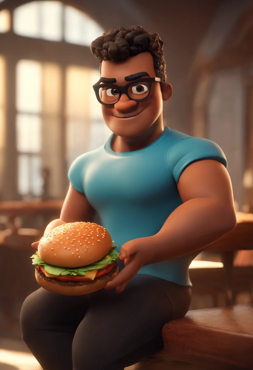 Personagem de desenho animado de um homem de pele morena, Wearing glasses and a blue t-shirt, Eating the burger, um personagem animado, Caractere estilizado, animation style rendering, 3D estilizado, cabelo black power, 3 d render stylized, toon render keyshot, Personagem 3D, Personagem 3D, 3d rendering stylized, 3 d character render, personagem de desenho animado, Personagem de close up, Pose de personagem, (Estilo Pixar) (master part:1.2) (Bokeh) (best quality) (pele detalhada) (textura detalhada) (8k) (argila) (Cinematic lighting) (foco nítido，Senta e vaza a parte superior do corpo