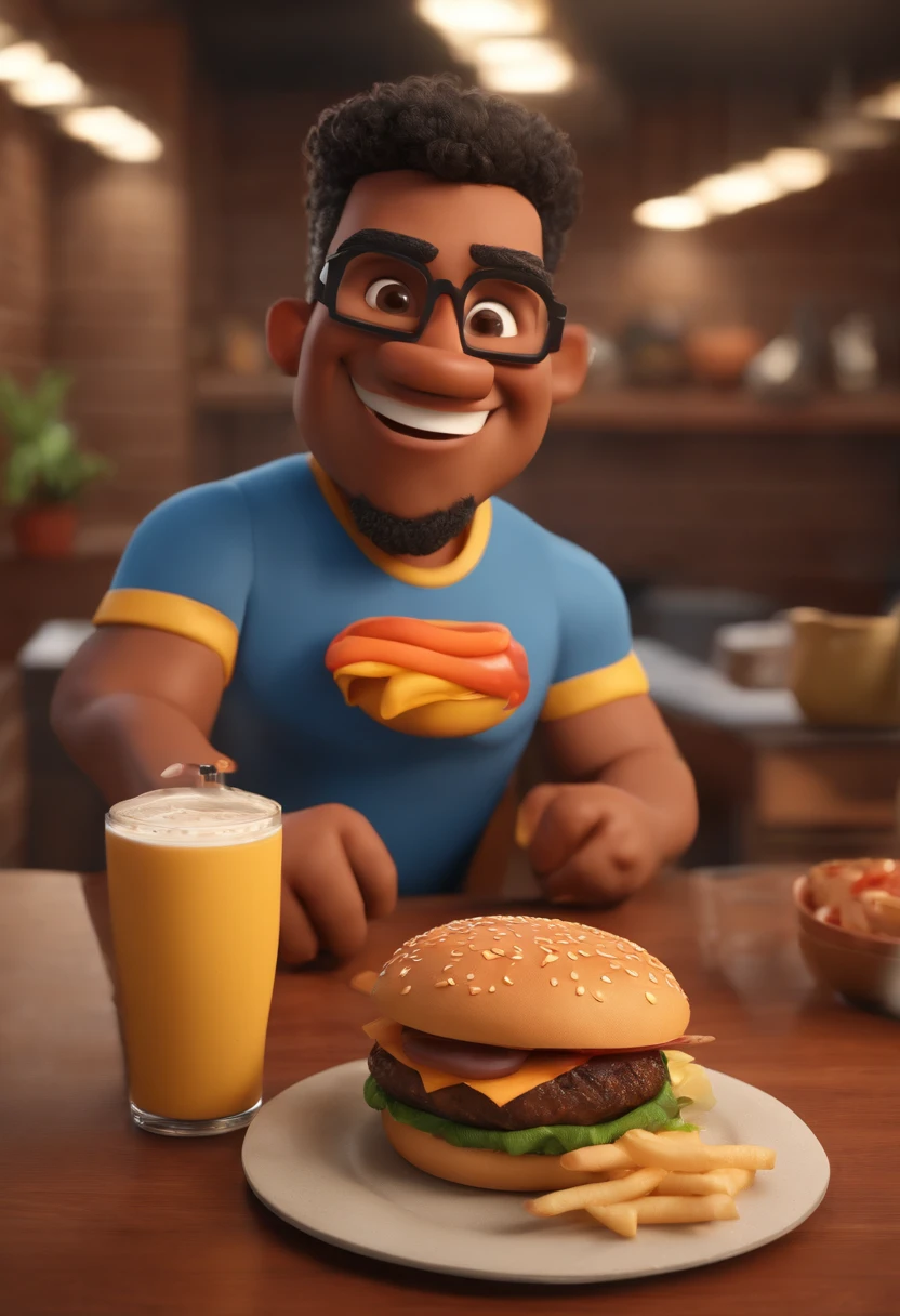 Personagem de desenho animado de um homem de pele morena, Wearing glasses and a blue t-shirt, Eating the burger, um personagem animado, Caractere estilizado, animation style rendering, 3D estilizado, cabelo black power, 3 d render stylized, toon render keyshot, Personagem 3D, Personagem 3D, 3d rendering stylized, 3 d character render, personagem de desenho animado, Personagem de close up, Pose de personagem, (Estilo Pixar) (master part:1.2) (Bokeh) (best quality) (pele detalhada) (textura detalhada) (8k) (argila) (Cinematic lighting) (foco nítido，Senta e vaza a parte superior do corpo