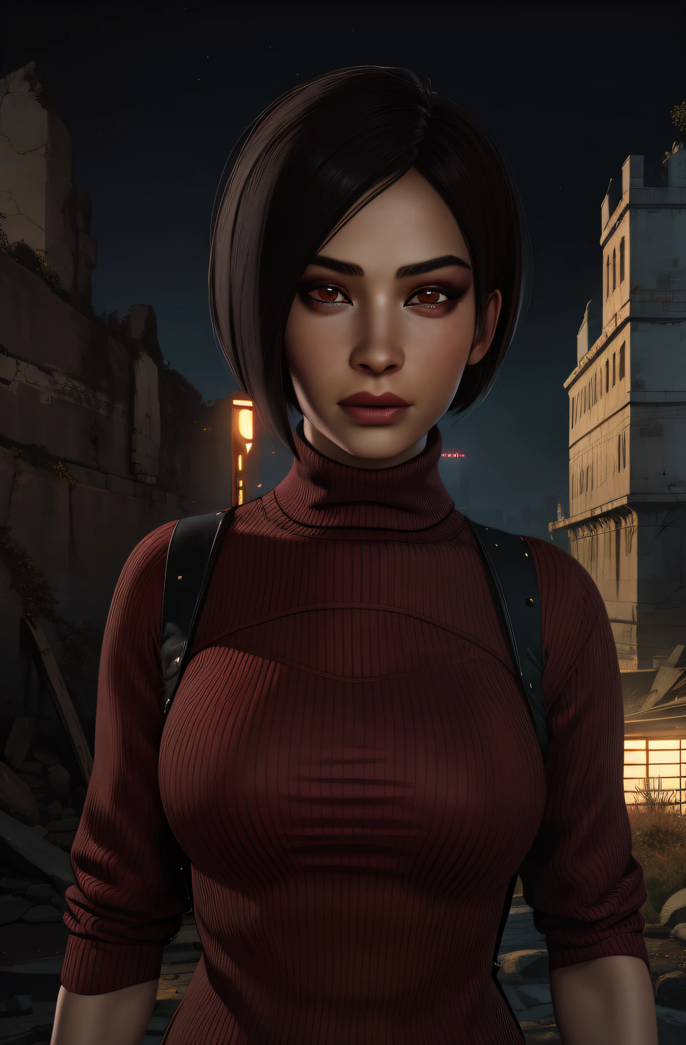 Ada, black hair, brown eyes, short hair,
red sweater,
standing,
night, outdoors, ruins,
(insanely detailed, beautiful detailed face, masterpiece, best quality),