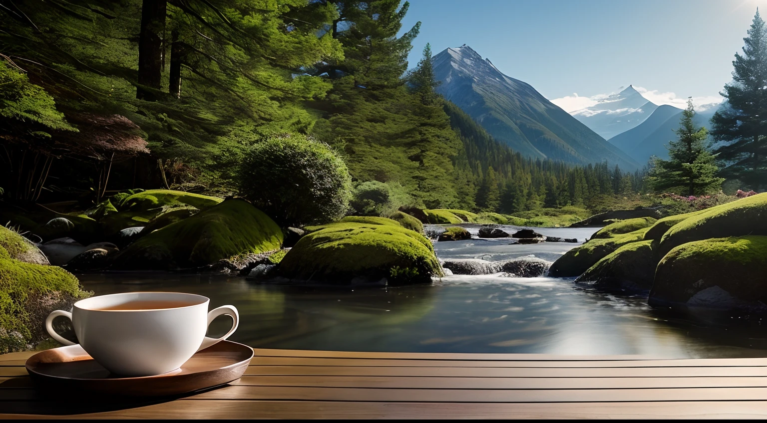 An image suggestion for the video introduction could be an artistic representation of a cup of tea on a wooden tray, with a serene background of a natural landscape, such as a stream surrounded by trees and mountains. This image would symbolize tranquility and connection with nature, important elements in the Zen Master's story.