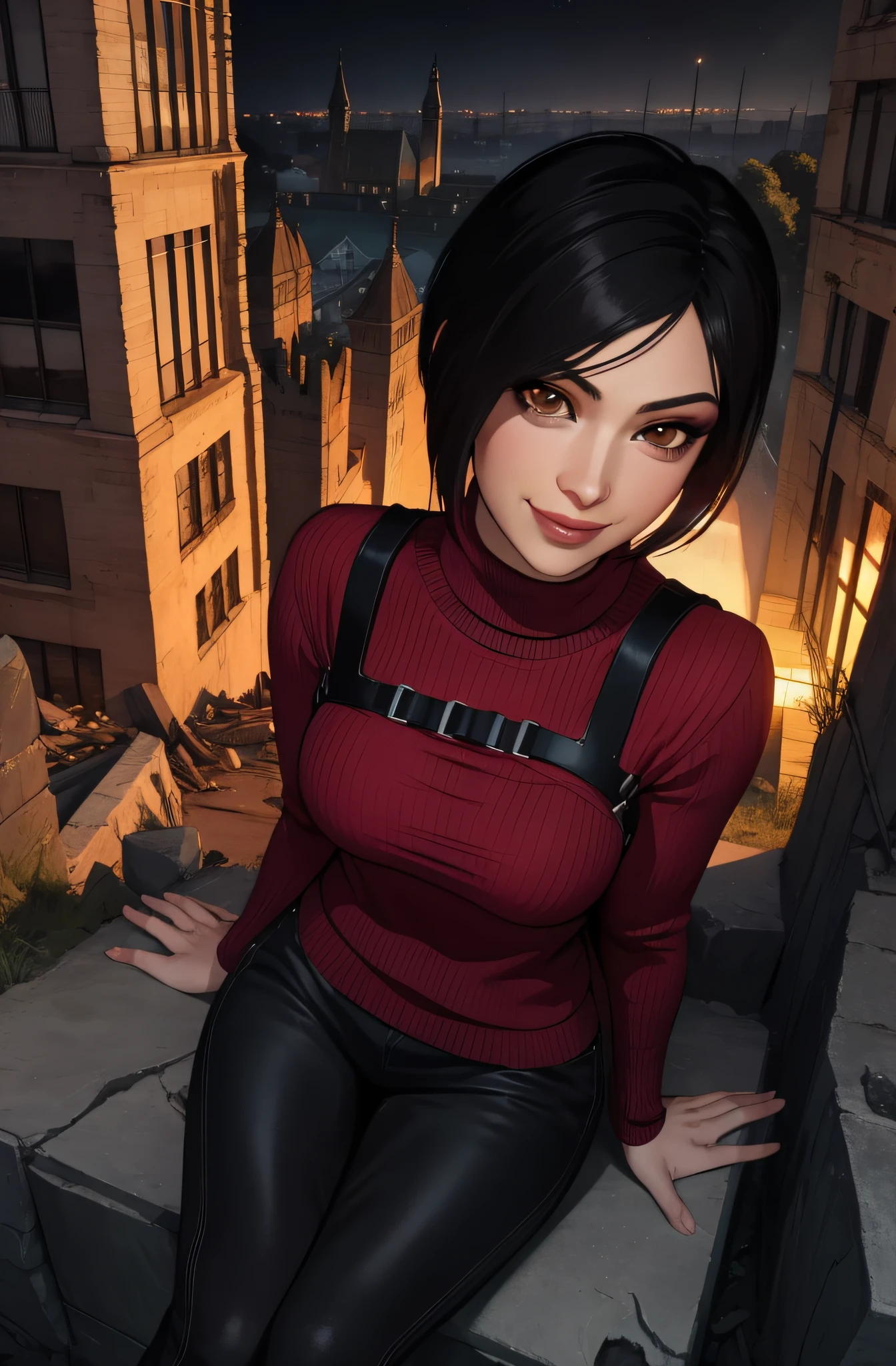 Ada, black hair, brown eyes, short hair,
red sweater, black pants,
sitting, smile, from above,
night, outdoors, ruins,
(insanely detailed, beautiful detailed face, masterpiece, best quality),