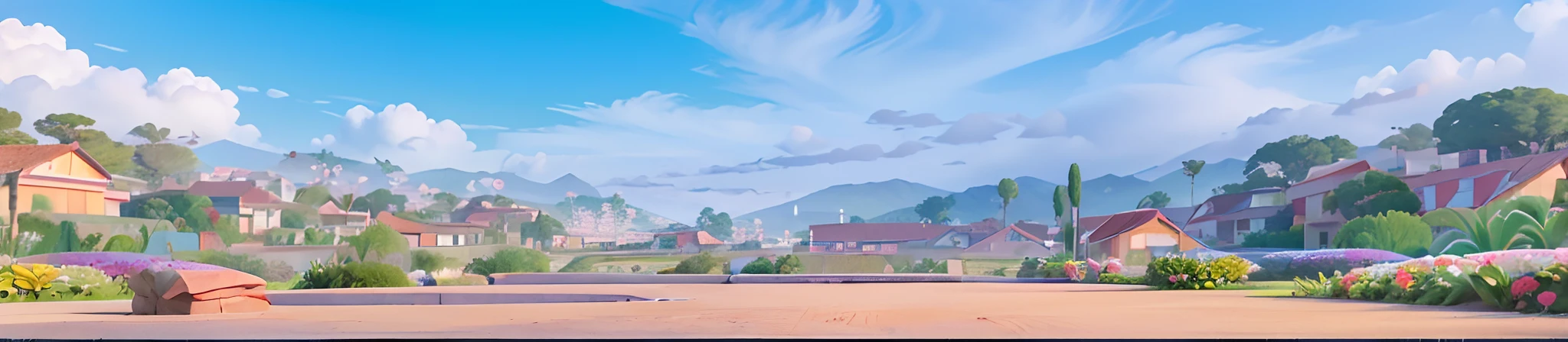 Pixar style scenery, jardin, rua de pedras, arbustos floridos, casas e uma pequena cidade ao fundo, blue skies, nuvens brancas