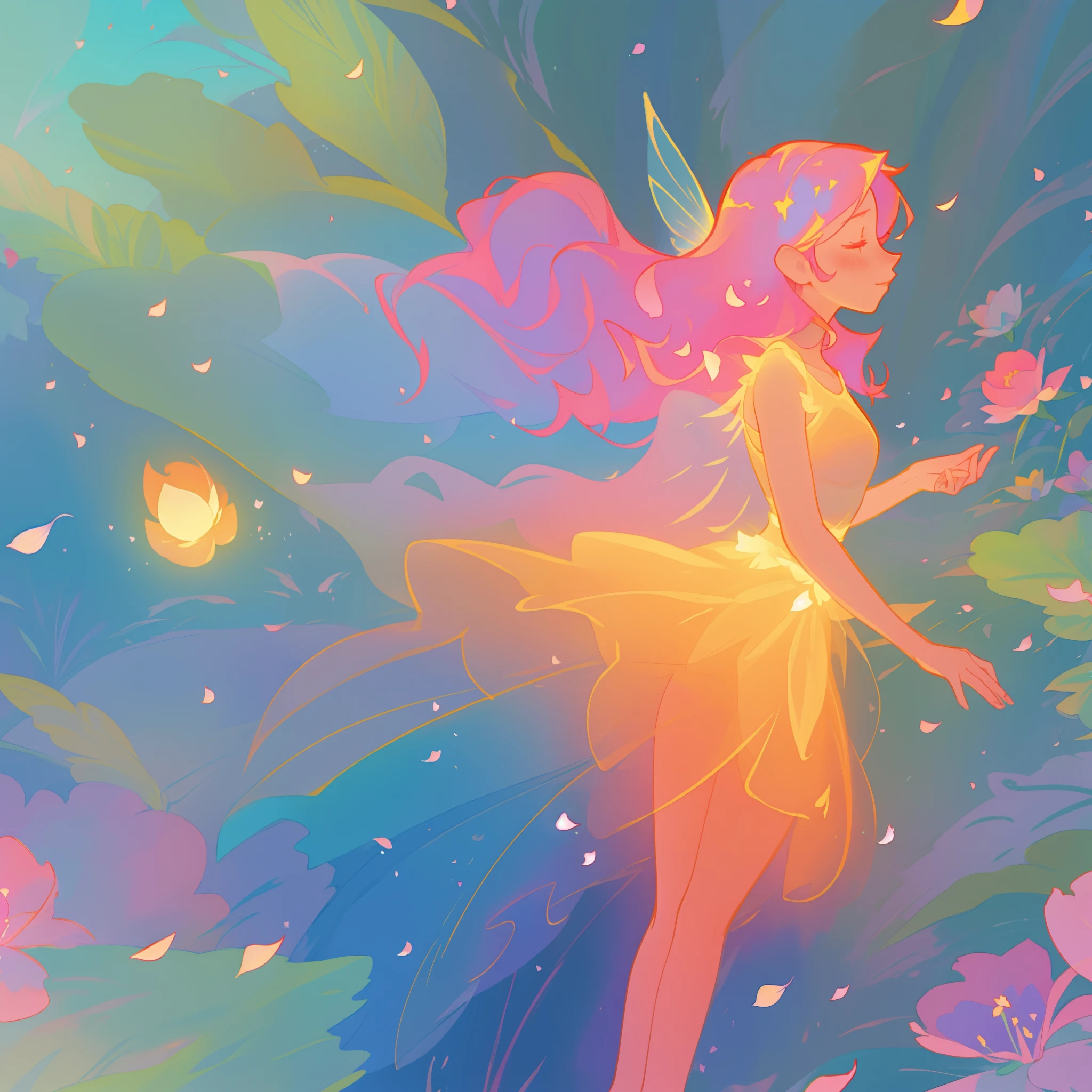 beautiful girl in tiered gradient ballgown dress, gradient colorful dress, ((layered flower petal skirt)), fairy dress, fairy queen, magical forest background, (glowing fairy wings), glowing flowing ballgown, long wavy hair, sparkling fairy wings, watercolor illustration, flowers and colorful plants, inspired by Glen Keane, inspired by Lois van Baarle, disney art style, by Lois van Baarle, glowing aura around her, by Glen Keane, jen bartel, glowing lights! digital painting, flowing glowing hair, glowing flowing hair, beautiful digital illustration, fantasia otherworldly landscape plants flowers, beautiful, masterpiece, best quality, anime disney style