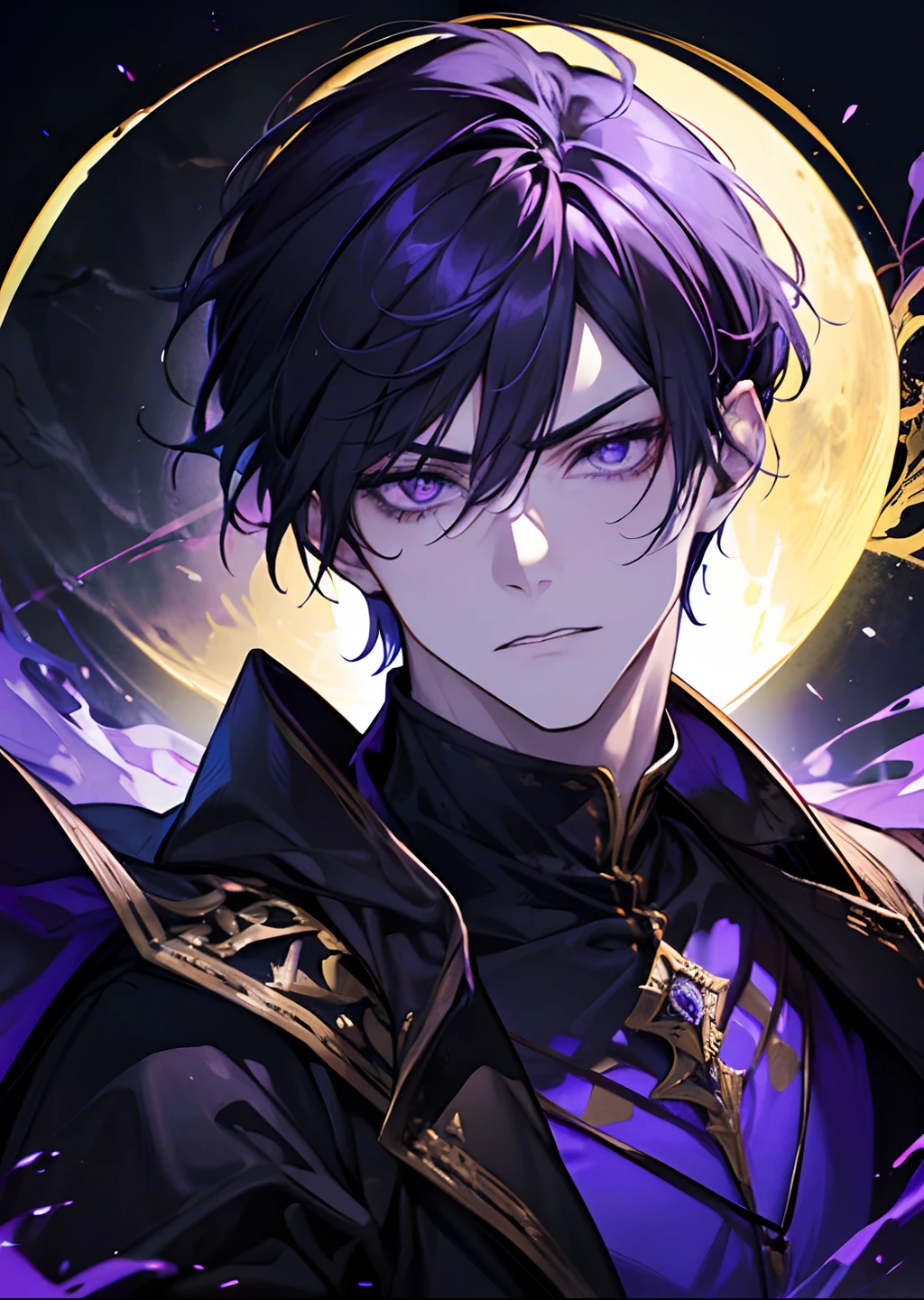 1male, dark sorcery, adult face, mature face, handsome, short purple hair, bangs, yellow eyes, angry, detailed eyes, medieval times, condescending, calm expression, no collar