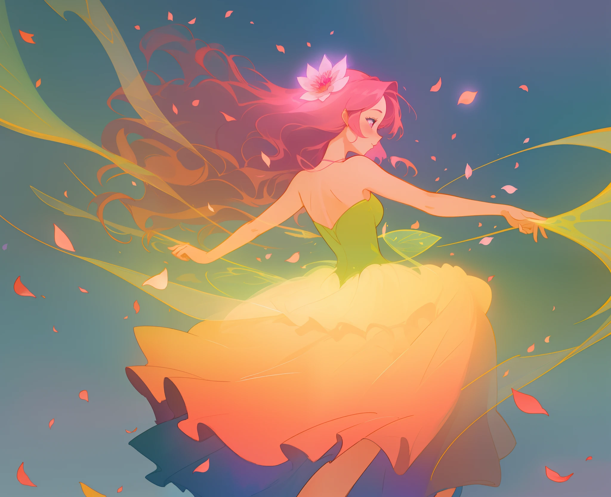 beautiful girl in tiered gradient ballgown dress, gradient warm color ballgown, ((layered flower petal skirt)), fairy dress, fairy queen, magical forest background, (glowing fairy wings), glowing flowing ballgown, long wavy hair, sparkling fairy wings, watercolor illustration, flowers and colorful plants, inspired by Glen Keane, inspired by Lois van Baarle, disney art style, by Lois van Baarle, glowing aura around her, by Glen Keane, jen bartel, glowing lights! digital painting, flowing glowing hair, glowing flowing hair, beautiful digital illustration, fantasia otherworldly landscape plants flowers, beautiful, masterpiece, best quality, anime disney style