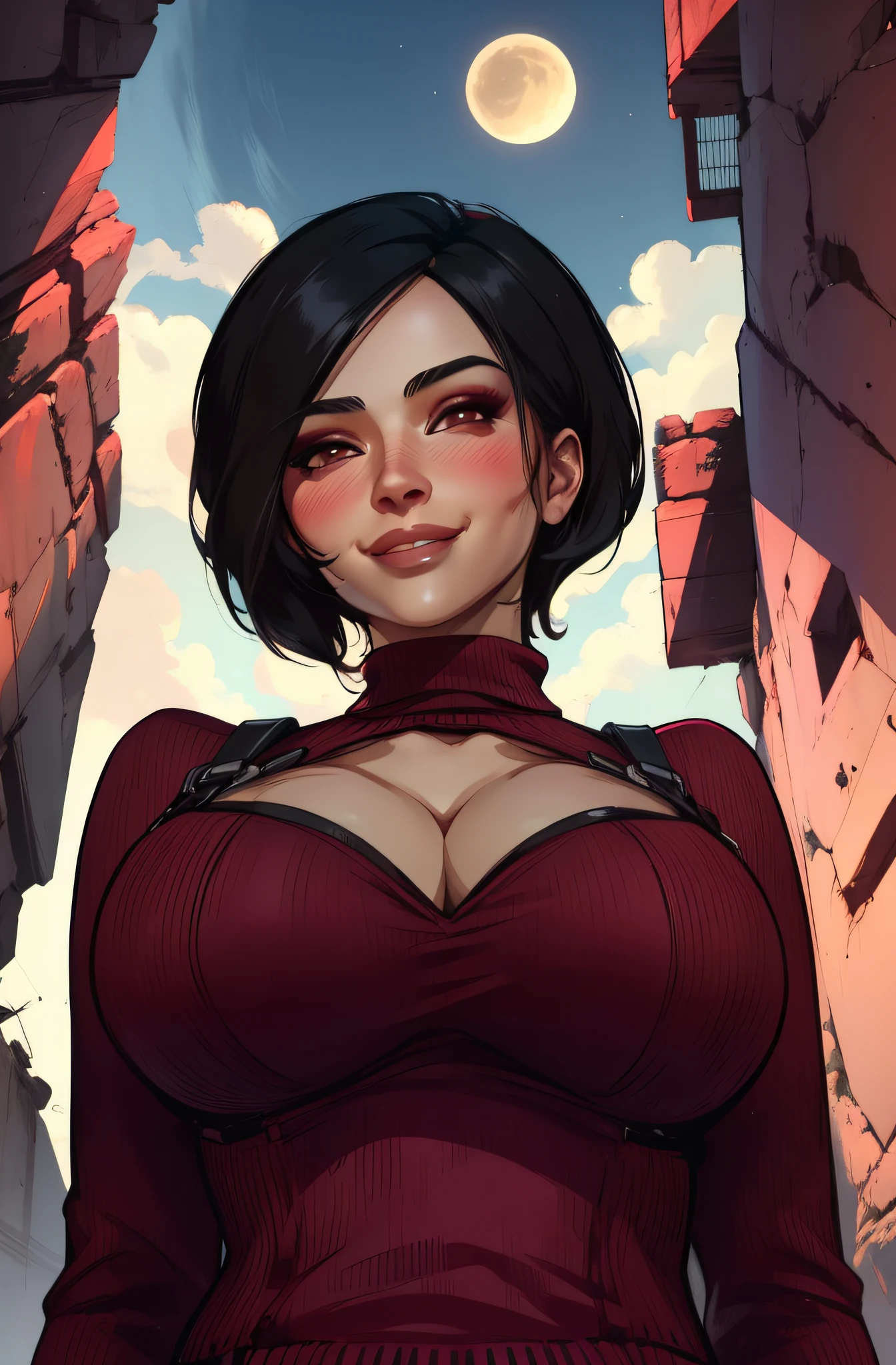 Ada, black hair, brown eyes, short hair,
red sweater, cleavage cutout, blush,
smile, upper body, from below,
night, outdoors, ruins, against wall, standing,
(insanely detailed, beautiful detailed face, masterpiece, best quality),