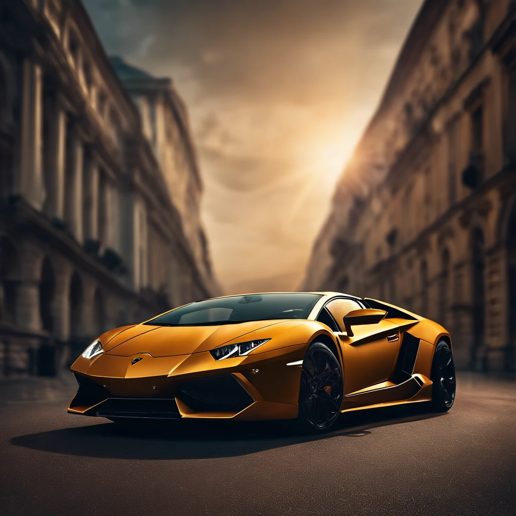 a lamborghini design in street and in the skylines in the background, illustration,