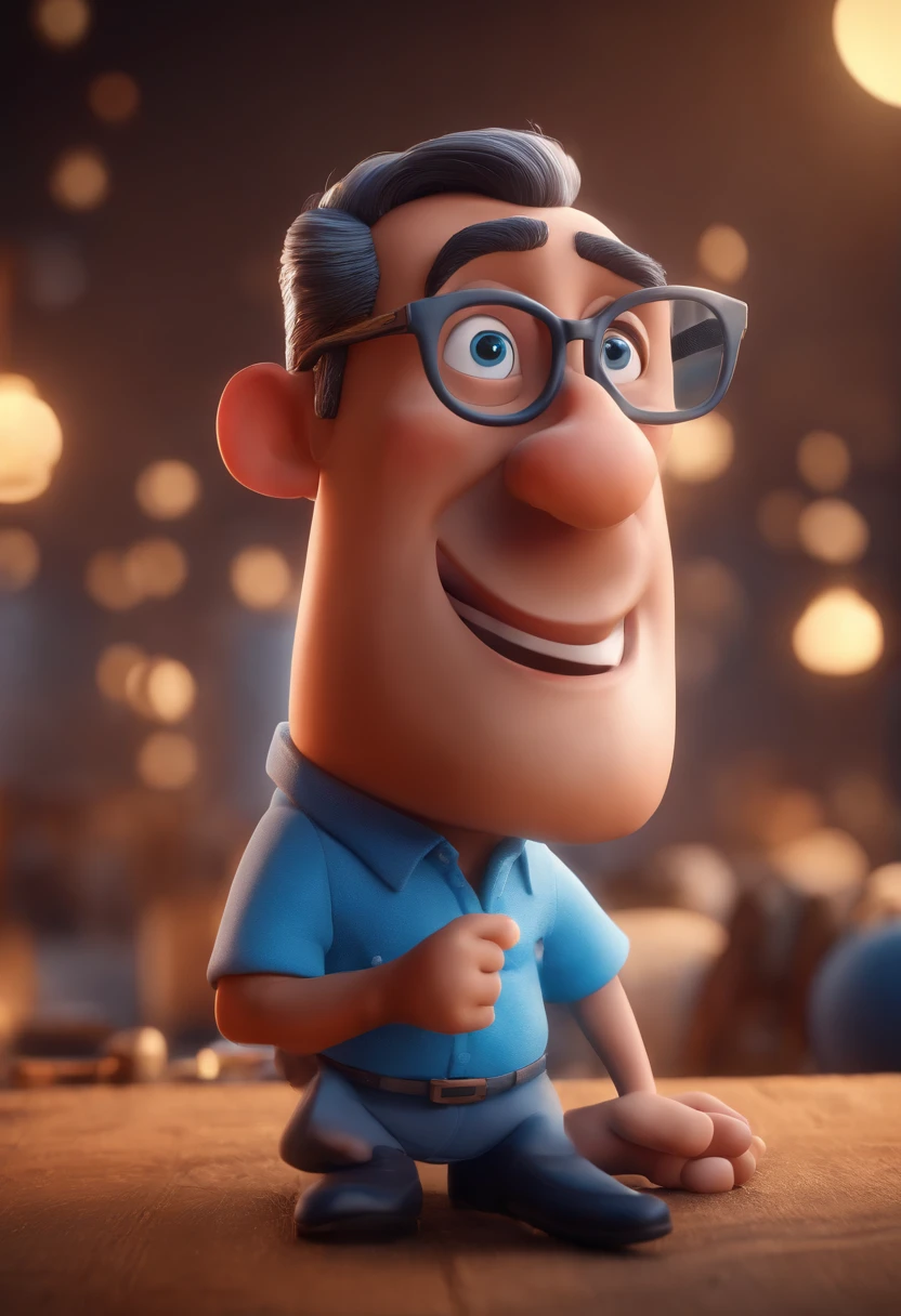 Cartoon character of a man with black glasses and a blue shirt, animation character, Caractere estilizado, animation style rendering, 3D estilizado, Arnold Maya render, 3 d render stylized, toon render keyshot, Personagem 3D, Personagem 3D, 3d rendering stylized, 3 d character render, personagem de desenho animado, Personagem de close up, Pose de personagem, (Estilo Pixar) (master part:1.2) (Bokeh) (best quality) (pele detalhada) (textura detalhada) (8k) (argila) (Cinematic lighting) (foco nítido