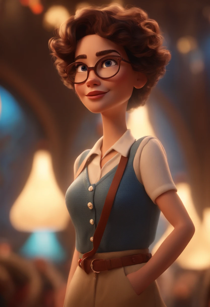 Pixar style image with 3D character white glasses brunette woman short curly hair dancing, Maquiagem Disney,Pescador, bonitinho, sorridente ,Close-up, Pixar, Disney, Cinema lighting,