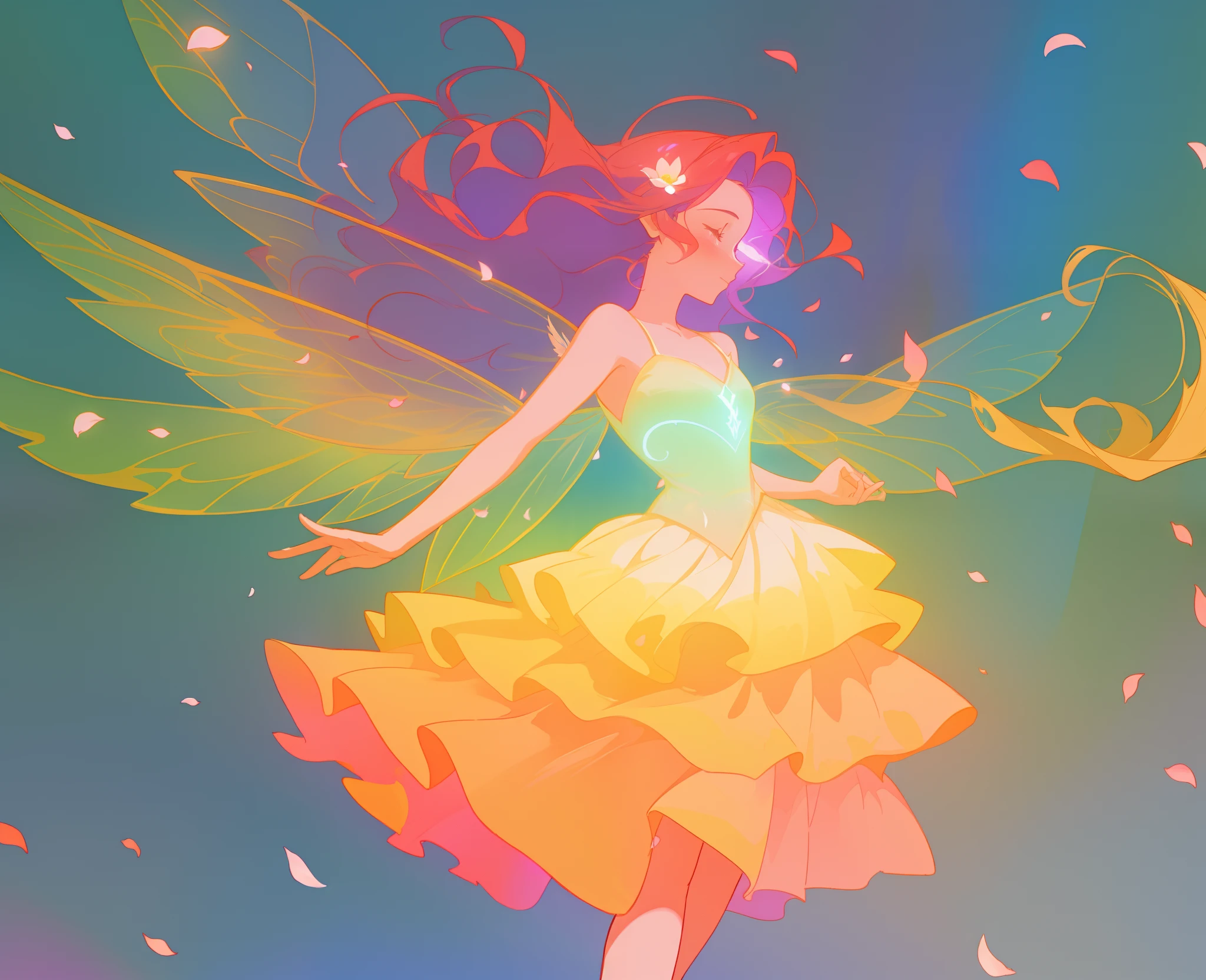 beautiful girl in tiered gradient ballgown dress, gradient warm color ballgown, ((layered flower petal skirt)), fairy dress, fairy queen, magical forest background, (glowing fairy wings), glowing flowing ballgown, long wavy hair, sparkling fairy wings, watercolor illustration, flowers and colorful plants, inspired by Glen Keane, inspired by Lois van Baarle, disney art style, by Lois van Baarle, glowing aura around her, by Glen Keane, jen bartel, glowing lights! digital painting, flowing glowing hair, glowing flowing hair, beautiful digital illustration, fantasia otherworldly landscape plants flowers, beautiful, masterpiece, best quality, anime disney style