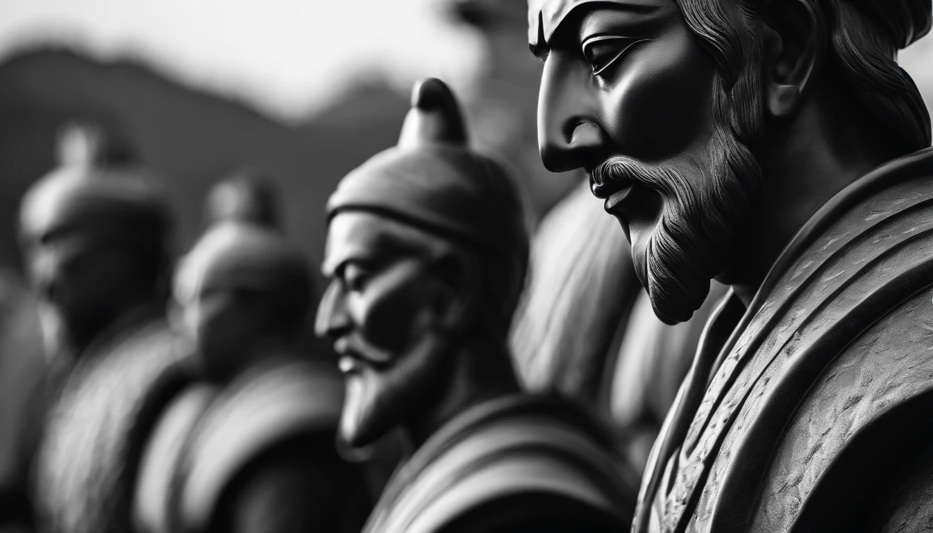 una estatua de retrato del estoico Sun Tzu en blanco y negro 4K,cara lateral, Super realistic wallpaper