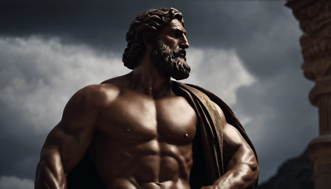 Stock Gricki Stoic
which is the Greek historical status with
Hercules profile muscles
Cinematic 8k and dark background