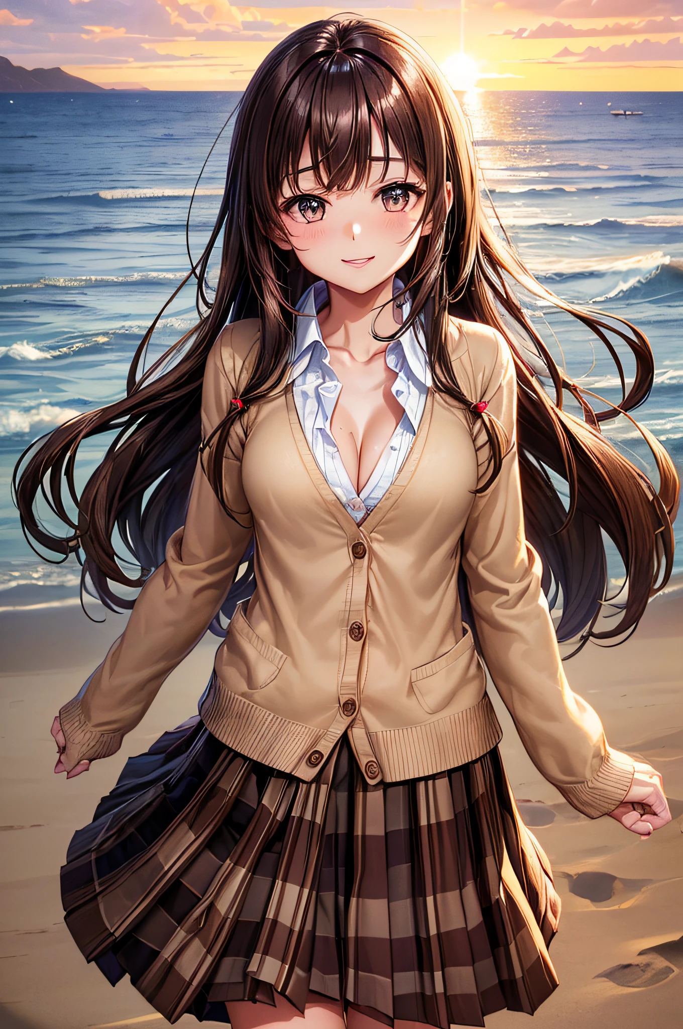 ((worst quality, low-quality)), masutepiece,Best Quality,ultra-detailliert,​masterpiece, (Beautiful sunset), (the beach), (The surface of the sea sparkles), (Sunset sea background), (Beach), ((a closeup)), (gals:1.2), (Dynamic Pose:1.2), (School Uniforms:1.2), (Body-fitting beige cardigan:1.4), ((Long sleeve, sleeves past wrists):1.2), (White collar shirt underneath:1.3), ((cleavage, Unbuttoned):1.2), (Brown Plaid Pleated Skirt:1.3), ((Dark brown bread shop fur):1.2), plump shiny lips, Beautiful clear eyes, (The best smile), Spoken Heart,