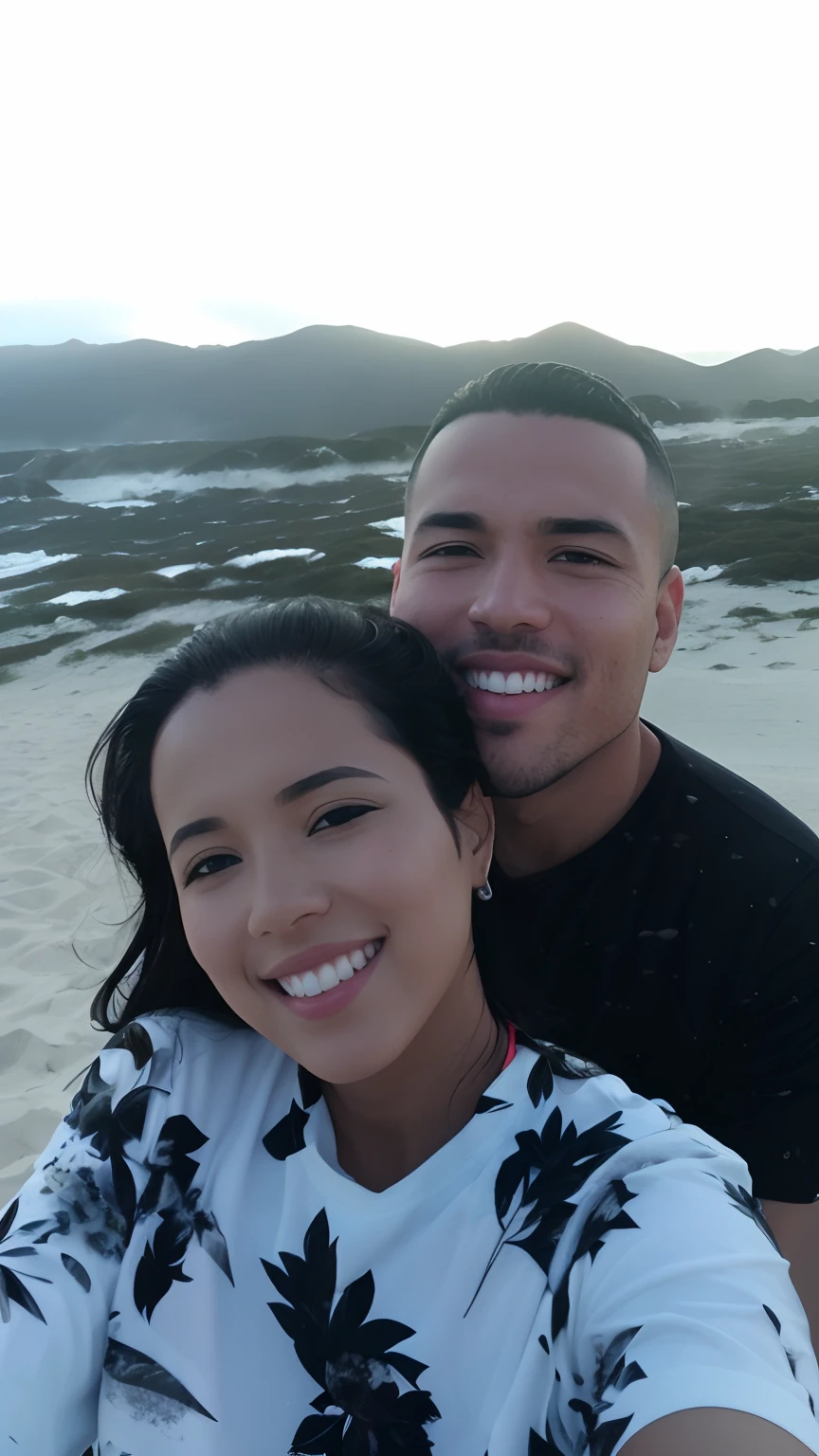 They're on the beach taking a selfie together, imagem de perfil, foto de perfil, com montanhas ao fundo, Casal feliz, com montanhas no fundo, Tyler Edlin e Natasha Tan, david rios ferreira, com montanhas como pano de fundo, foto do perfil, Jordan Grimmer e Natasha Tan, Malika Favre, Thomas Anthony e Malika Favre