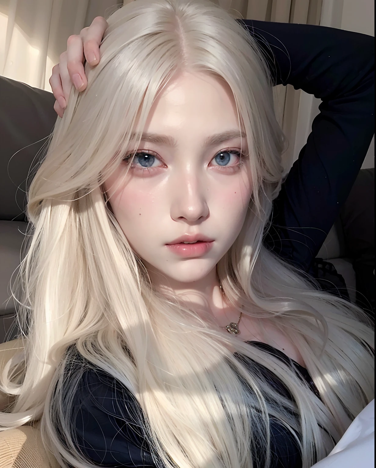 Blond haired girl with long hair and blue eyes sitting on a sofa, very very pale blond hair, pale porcelain white skin, extremely pale blond hair, pale glowing skin, pale hair, pale fair skin!!, her hair is white, com cabelos longos brancos, com longos cabelos loiros, ivory pale skin, pale ivory skin, com longos cabelos brancos, albino white pale skin