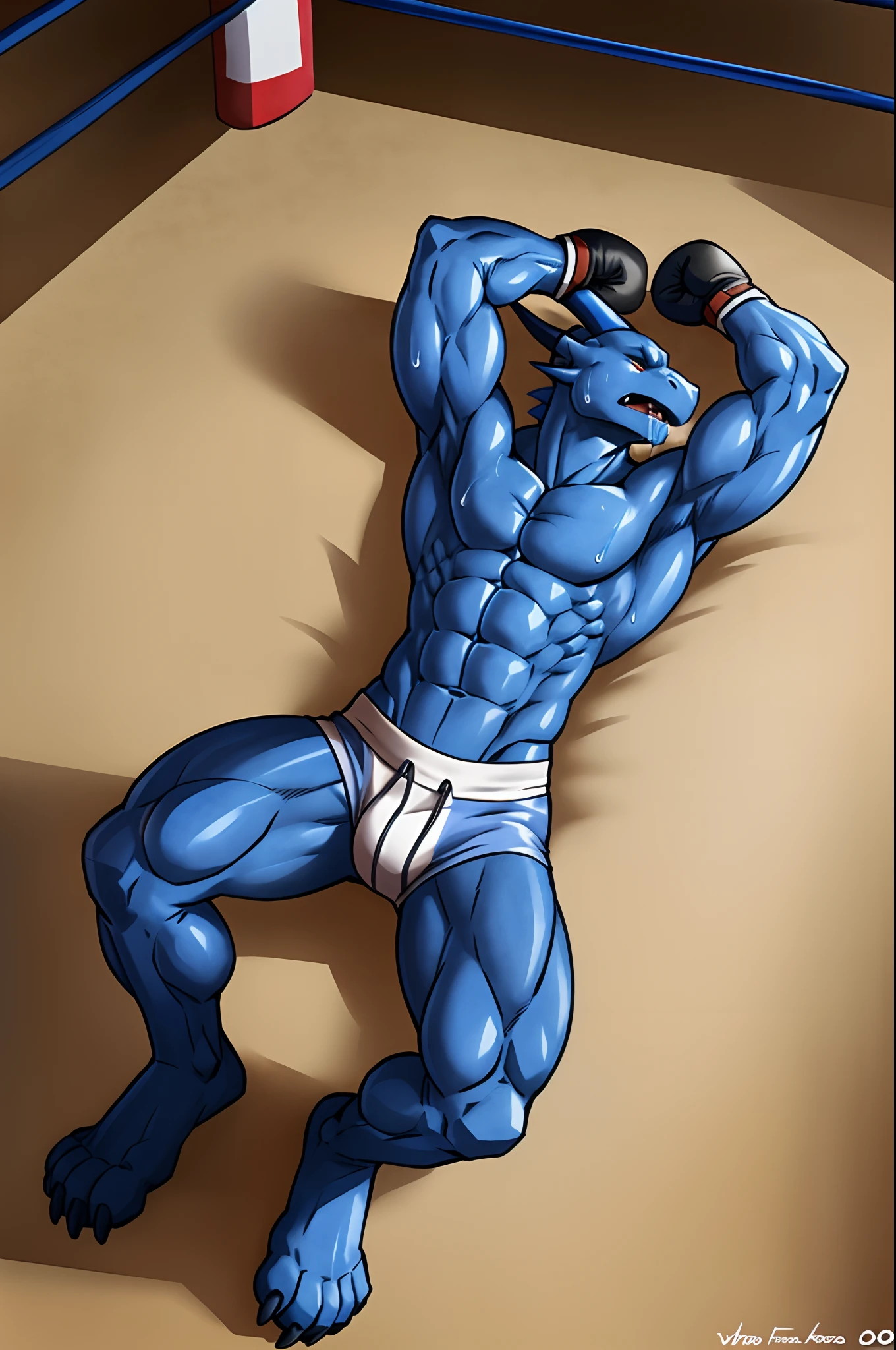 ((solo) full height):1, (anthro) blue dragon, lora, adult, mature, masculine, slim:1.2, skinny:1.2, tall:1, (correct anatomy:1.2), vascular veins, (correct proportions:1.3), dragon tail, topless, (shirtless, bare paws, boxing gloves, black sweatpants), ultradetailed, (by wfa:1.2), (by takemoto_arashi, by vorusuarts, by Traver009:1, by grimfaust:1), natural lighting ((boxing ring):2.4 background), (sweat:1.4, wet:1.6), (lots of sweat flowing down) exhausted, dragon head ((open:1 eyes, detailed):1.2), open mouth (steaming breath:1.2, drooling, dripping saliva, thick drool) tongue sticking out, (serious:1.4) expression), in pain, fallen down, (lying on back):1.6, spreaded legs, arms over head, limp, relaxed, exhaustion