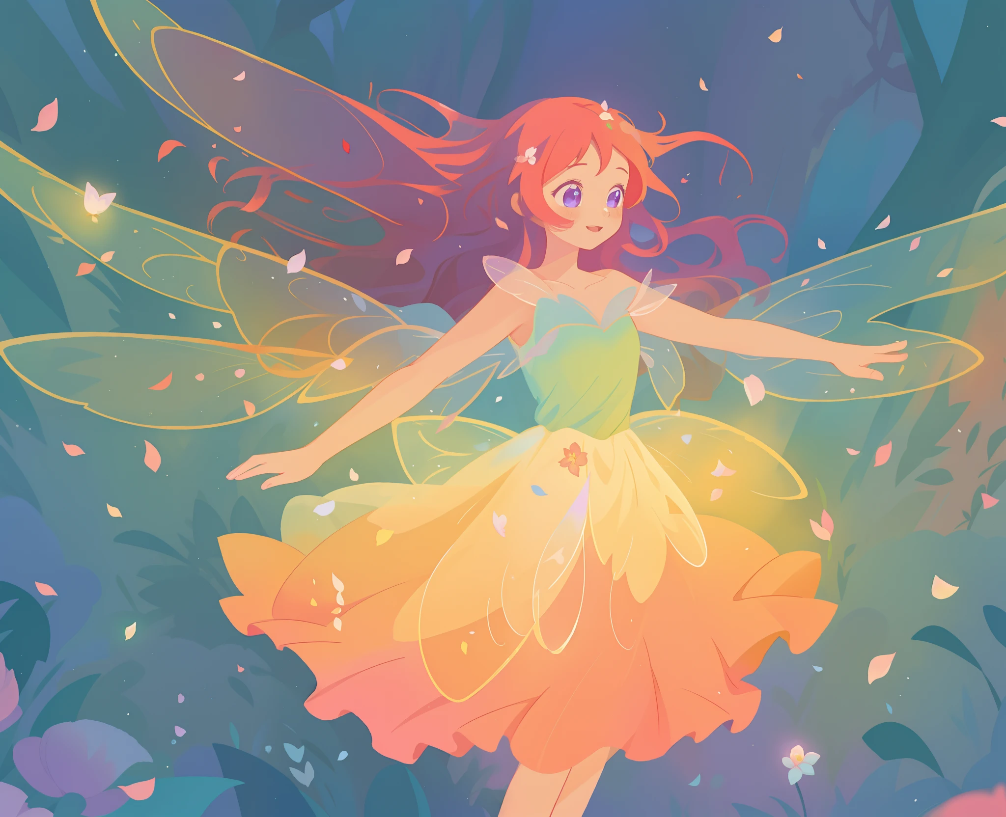 beautiful girl in tiered gradient ballgown dress, gradient warm color ballgown, ((layered flower petal skirt)), fairy dress, fairy queen, magical forest background, (glowing fairy wings), glowing flowing ballgown, long wavy hair, sparkling fairy wings, watercolor illustration, flowers and colorful plants, inspired by Glen Keane, inspired by Lois van Baarle, disney art style, by Lois van Baarle, glowing aura around her, by Glen Keane, jen bartel, glowing lights! digital painting, flowing glowing hair, glowing flowing hair, beautiful digital illustration, fantasia otherworldly landscape plants flowers, beautiful, masterpiece, best quality, anime disney style
