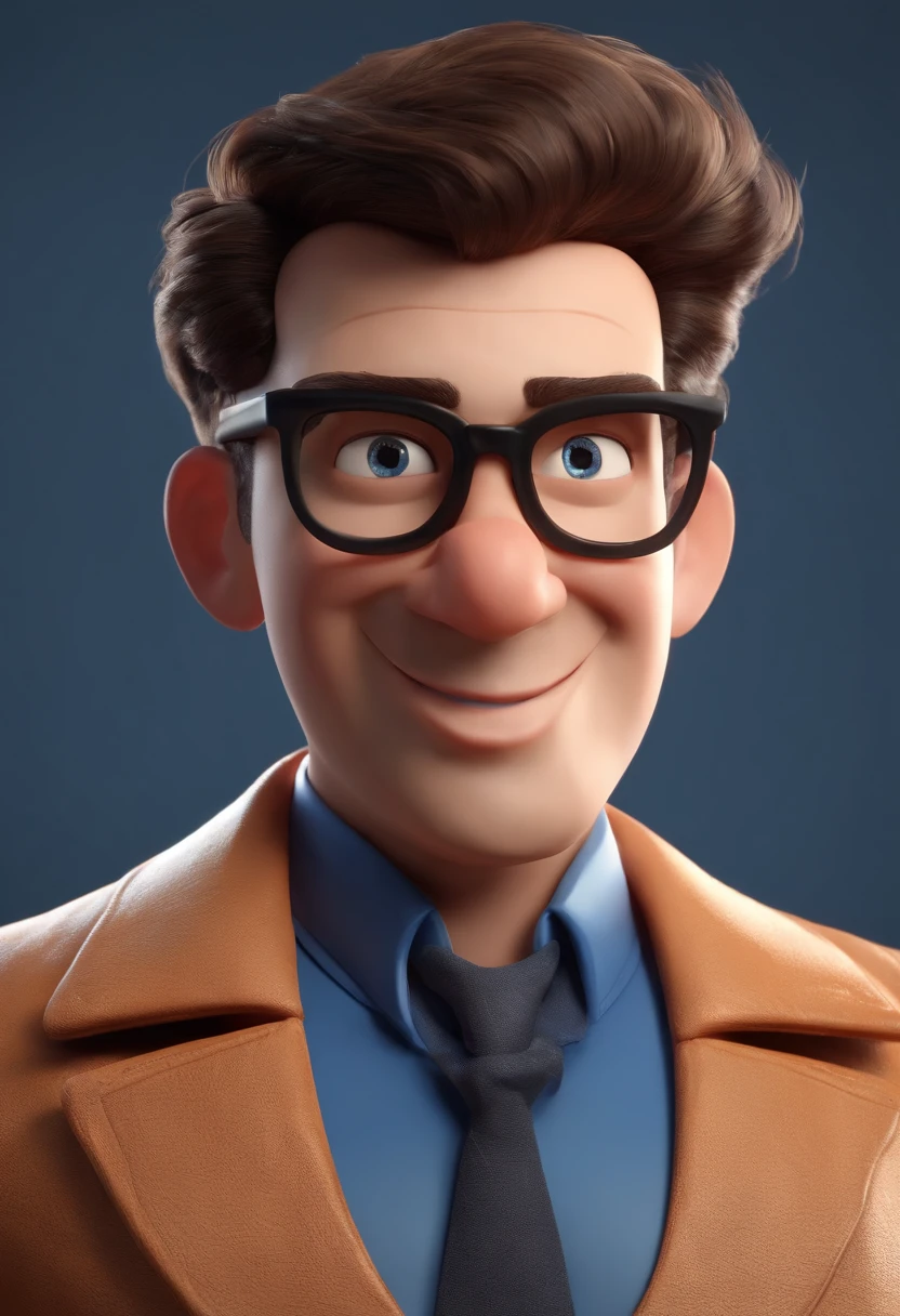 Cartoon character of a man wearing black glasses and a blue shirt, um personagem animado, Caractere estilizado, animation style rendering, 3D estilizado, Arnold Maya render, 3 d render stylized, toon render keyshot, Personagem 3D, Personagem 3D, 3d rendering stylized, 3 d character render, personagem de desenho animado, Personagem de close up, Pose de personagem, (Estilo Pixar) (master part:1.2) (Bokeh) (best quality) (pele detalhada) (textura detalhada) (8k) (argila) (Cinematic lighting) (foco nítido,Senta e vaza a parte superior do corpo