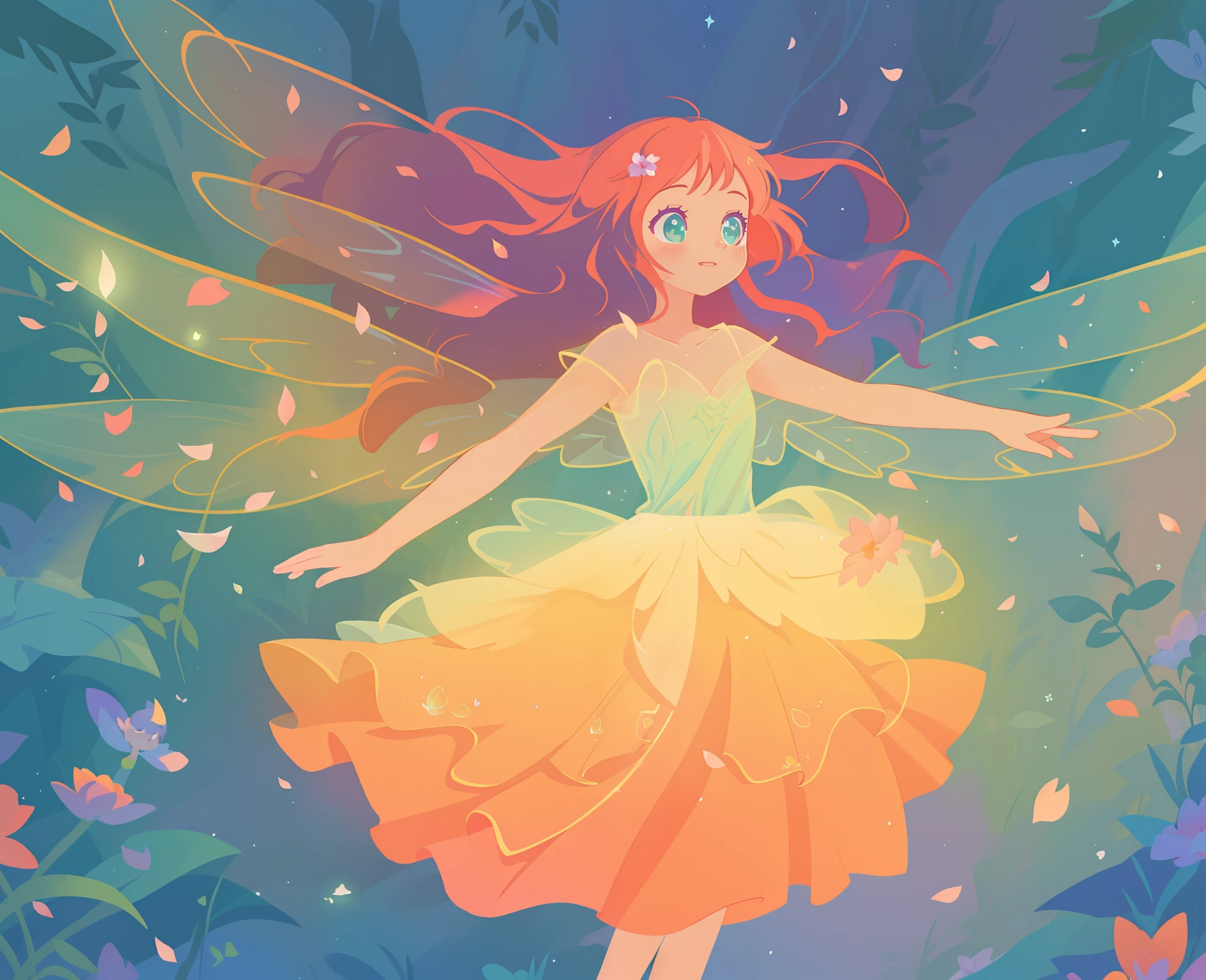 beautiful girl in tiered gradient ballgown dress, gradient warm color ballgown, ((layered flower petal skirt)), fairy dress, fairy queen, magical forest background, (glowing fairy wings), glowing flowing ballgown, long wavy hair, sparkling fairy wings, watercolor illustration, flowers and colorful plants, inspired by Glen Keane, inspired by Lois van Baarle, disney art style, by Lois van Baarle, glowing aura around her, by Glen Keane, jen bartel, glowing lights! digital painting, flowing glowing hair, glowing flowing hair, beautiful digital illustration, fantasia otherworldly landscape plants flowers, beautiful, masterpiece, best quality, anime disney style