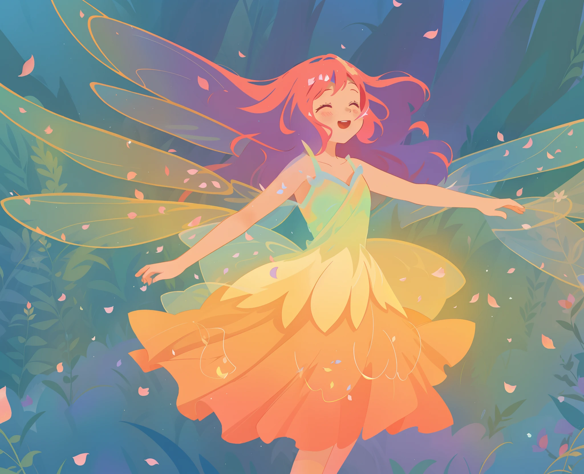 beautiful girl in tiered gradient ballgown dress, gradient warm color ballgown, ((layered flower petal skirt)), fairy dress, fairy queen, magical forest background, (glowing fairy wings), glowing flowing ballgown, long wavy hair, sparkling fairy wings, watercolor illustration, flowers and colorful plants, inspired by Glen Keane, inspired by Lois van Baarle, disney art style, by Lois van Baarle, glowing aura around her, by Glen Keane, jen bartel, glowing lights! digital painting, flowing glowing hair, glowing flowing hair, beautiful digital illustration, fantasia otherworldly landscape plants flowers, beautiful, masterpiece, best quality, anime disney style