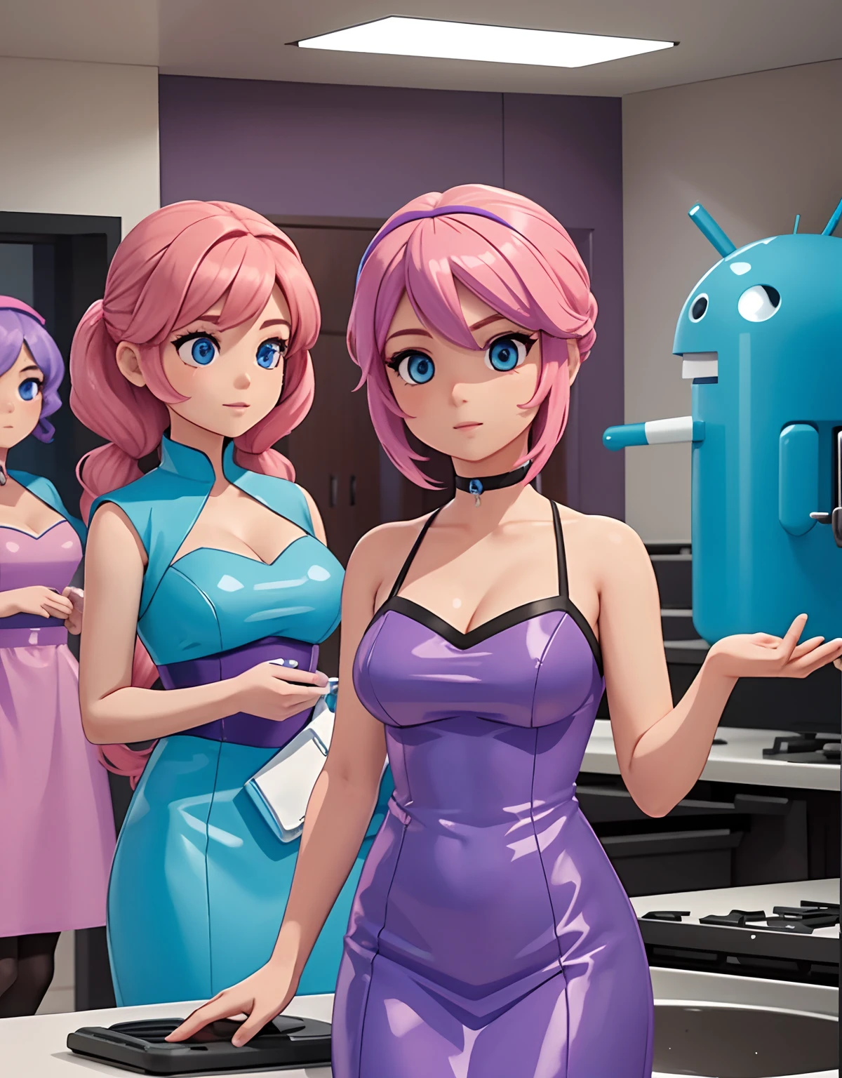 animatronic, Android housewife, assembly line, plastic skin, pink hair, blue eyes, purple dress