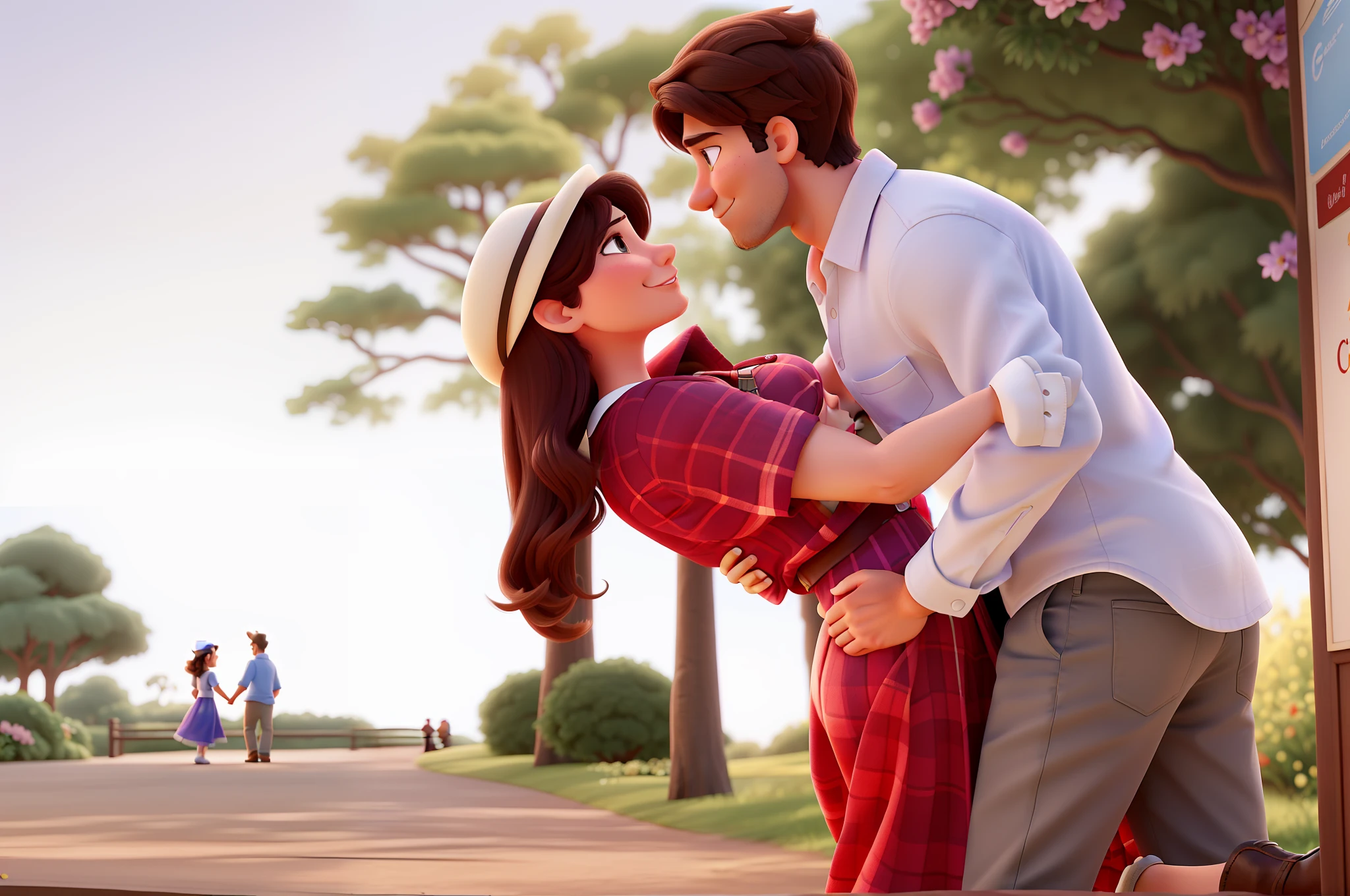 Disney Pixar-style cartoon depicting a special and intimate moment between a couple of young people in love. Em cena, um homem com cabelos claros, pele clara, barba, White dress shirt and beige pants and a woman, com cabelos claros, pele clara, vestido rosa, Are in a passionate embrace and exchange a kiss. The man is positioned behind the woman, ambos sorrindo. Woman is holding a lovely hat. The landscape around you is a natural setting, Full of trees and flowers, that frame the couple and give a romantic touch to the scene. A cena se desenrola em um caminho, And the couple is at the center of that path, com o homem virado para a esquerda e a mulher virada para a direita. The image should capture all the magic and excitement of this unique moment in the couple's life., tudo no estilo Disney Pixar.