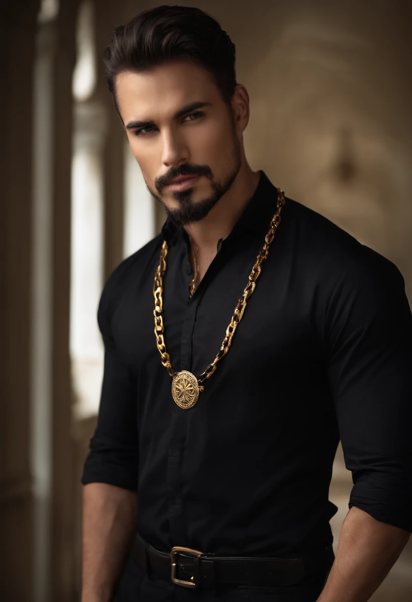 Brunette man black shirt with goatee with chain around neck.